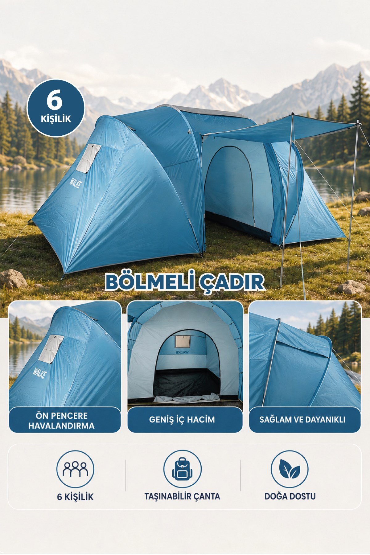 Walke 6 Kişilik Çift Bölmeli Aile Kamp Çadırı Su Geçirmez Polyester 490 X 280 X 200