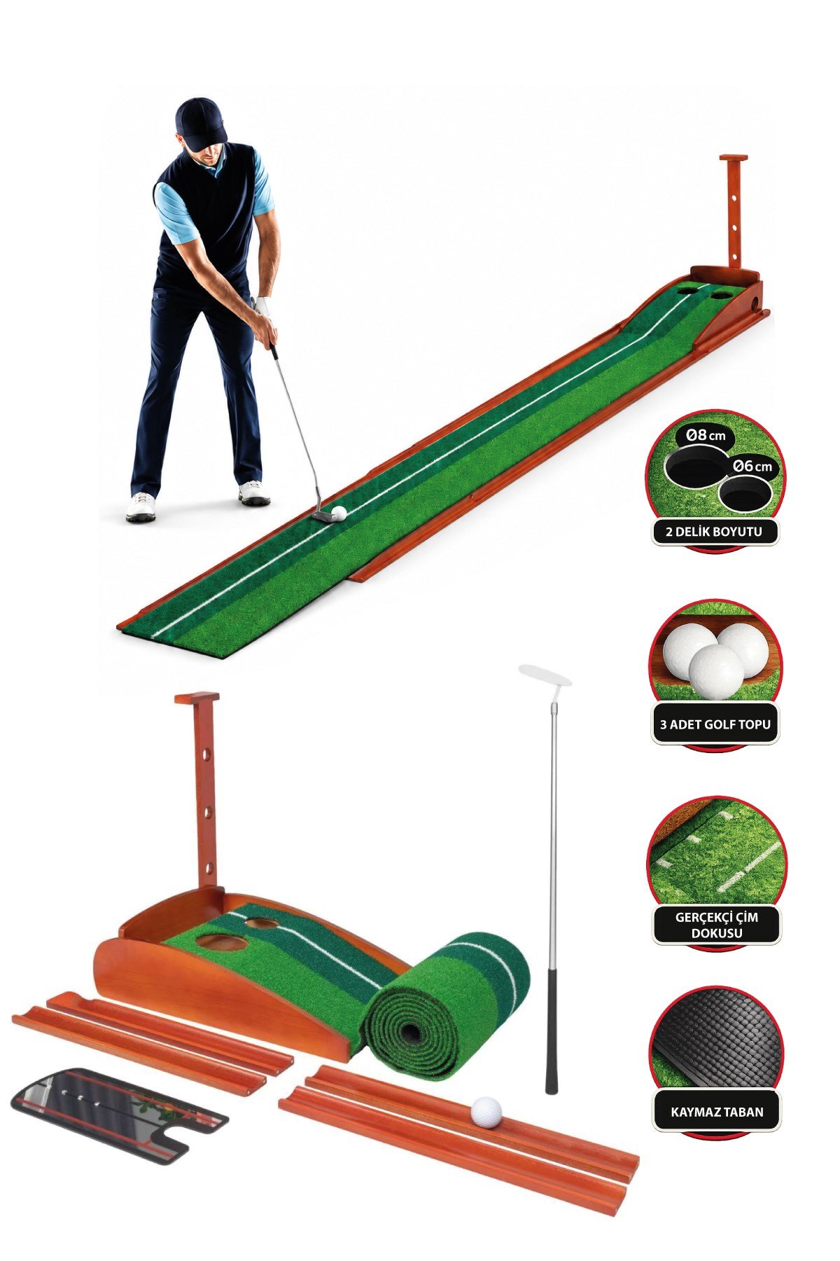 Walke Golf Putt Matı Ahşap Otomatik Top Dönüşlü Golf Antrenman Seti 3 Toplu 2 Delikli