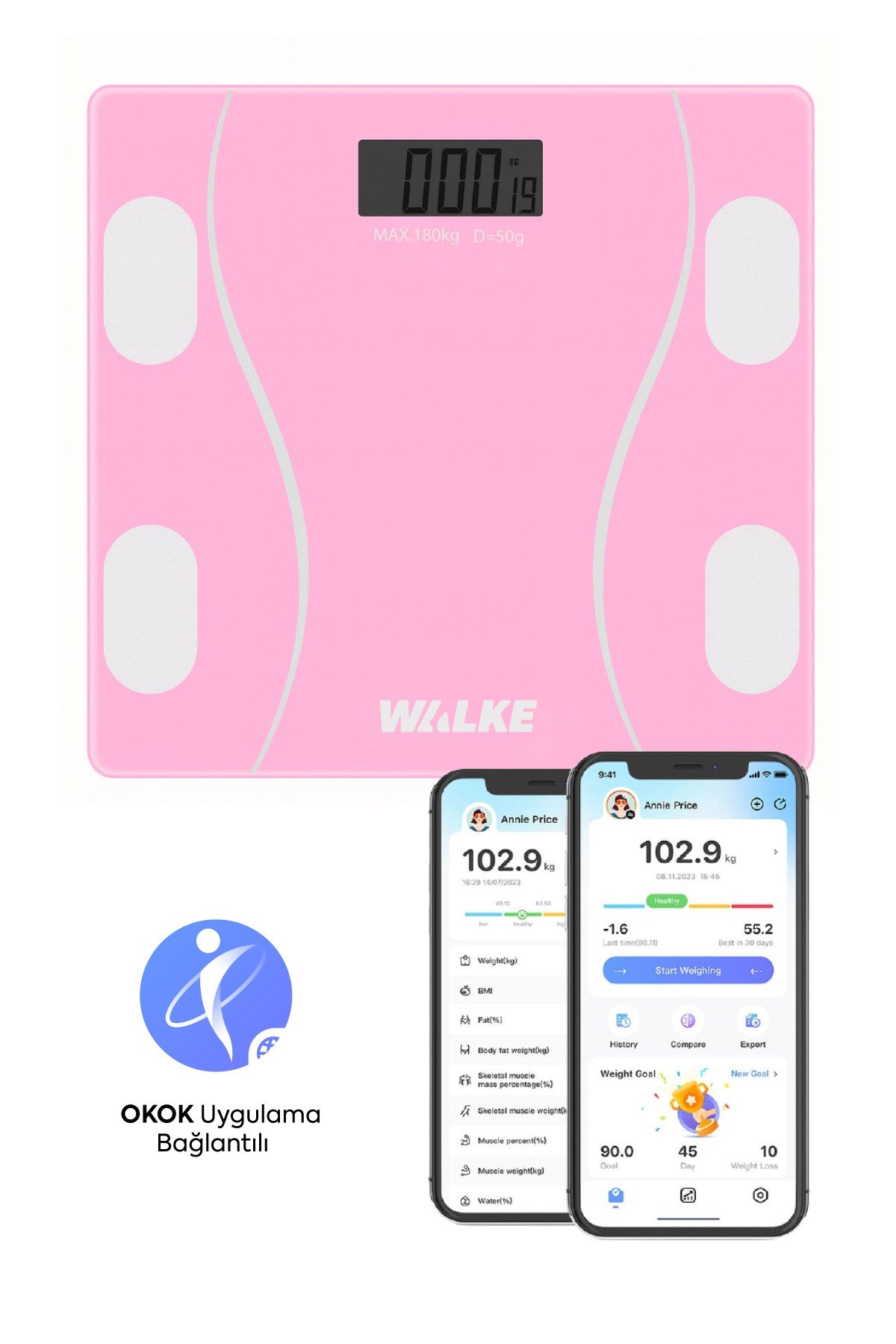 WALKE Premium Uygulama Bağlantılı Akıllı Baskül Pembe