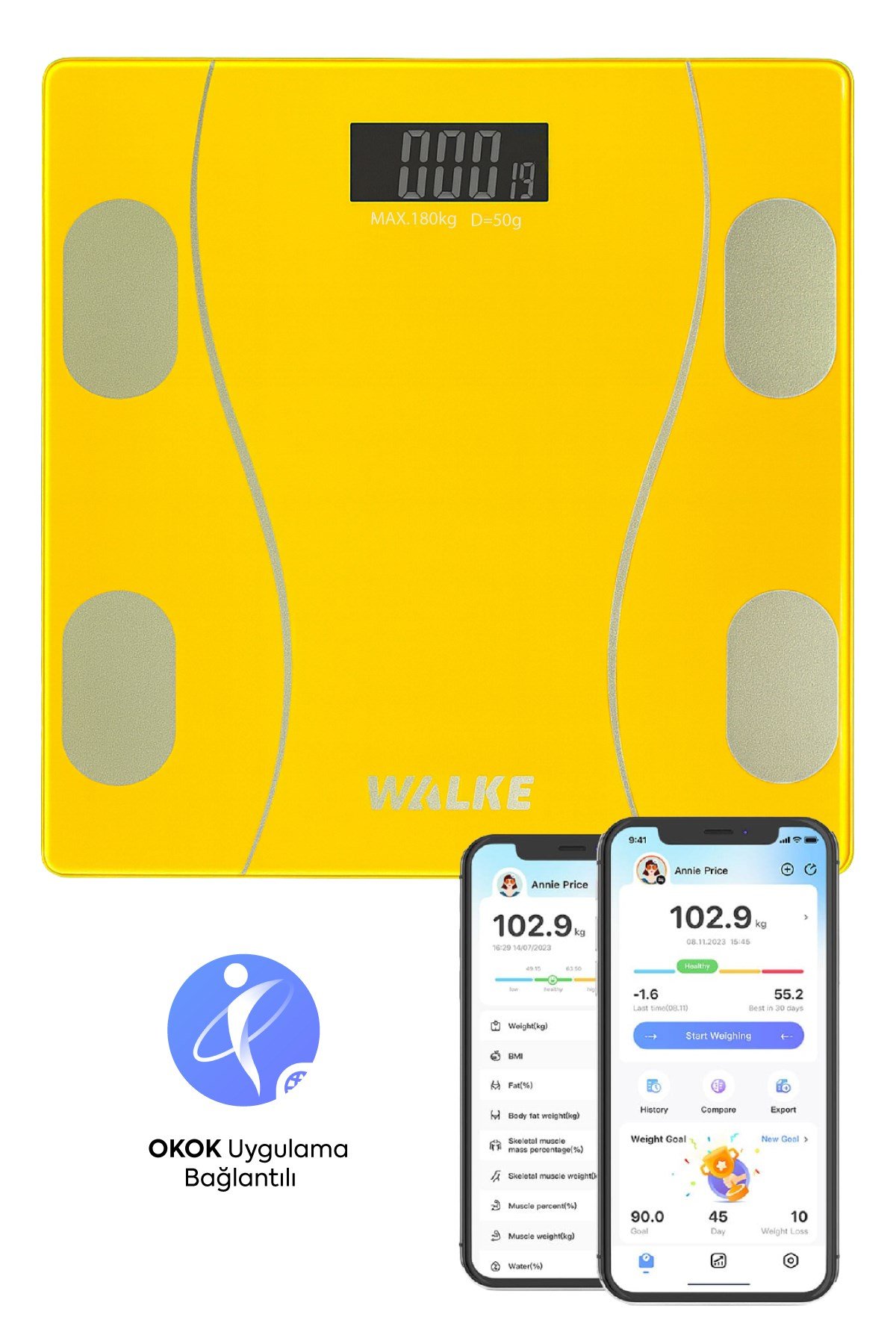 WALKE Premium Uygulama Bağlantılı Akıllı Baskül Sarı