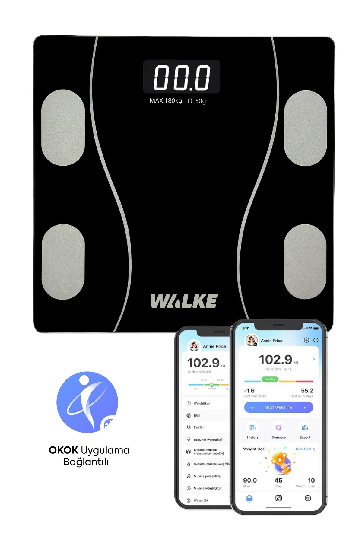 WALKE Premium Uygulama Bağlantılı Akıllı Baskül Siyah