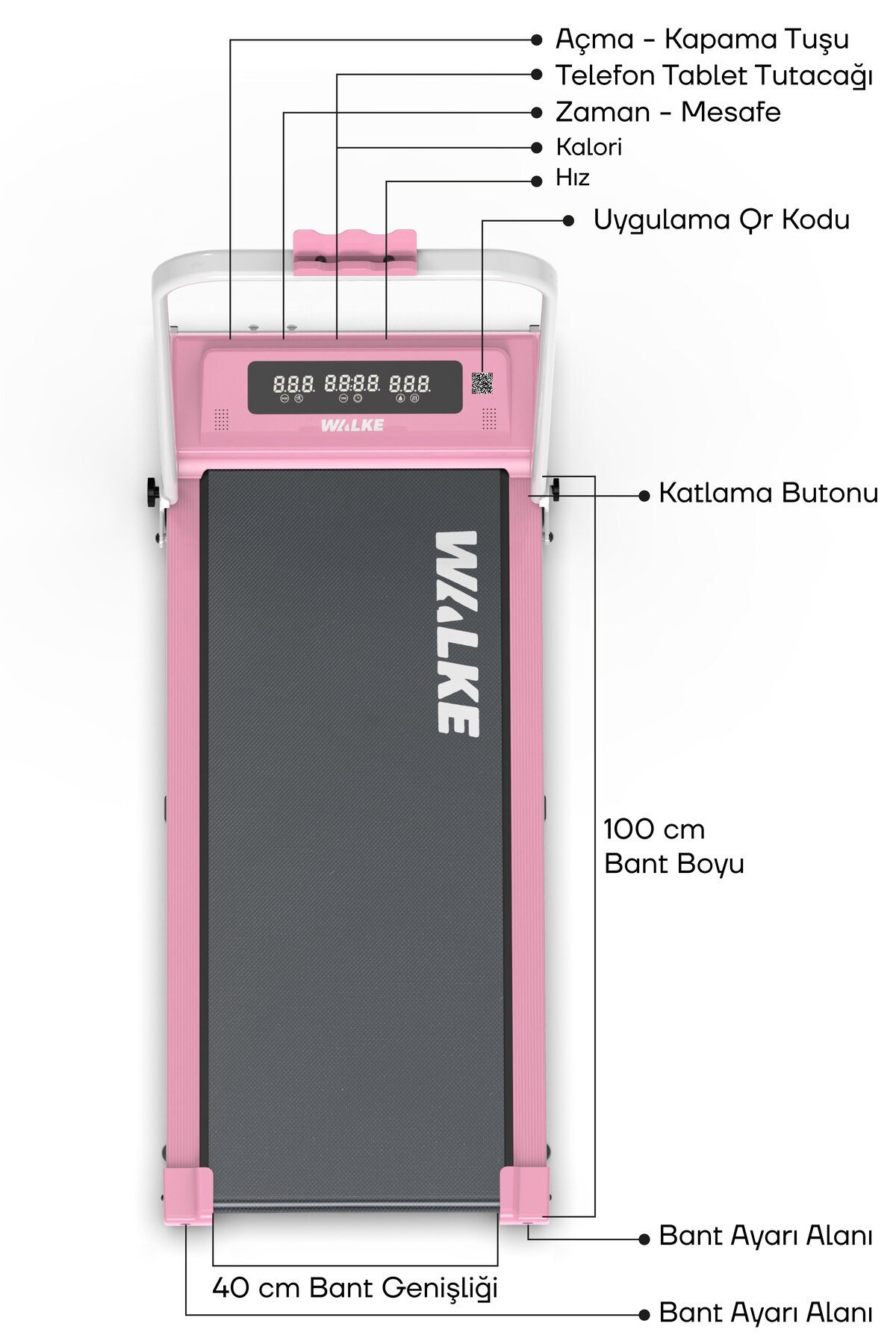 Walke W-fit Pink Bluetoothlu Uygulamalı Uzaktan Kumandalı Koşu Bandı Yürüyüş Bandı Pembe
