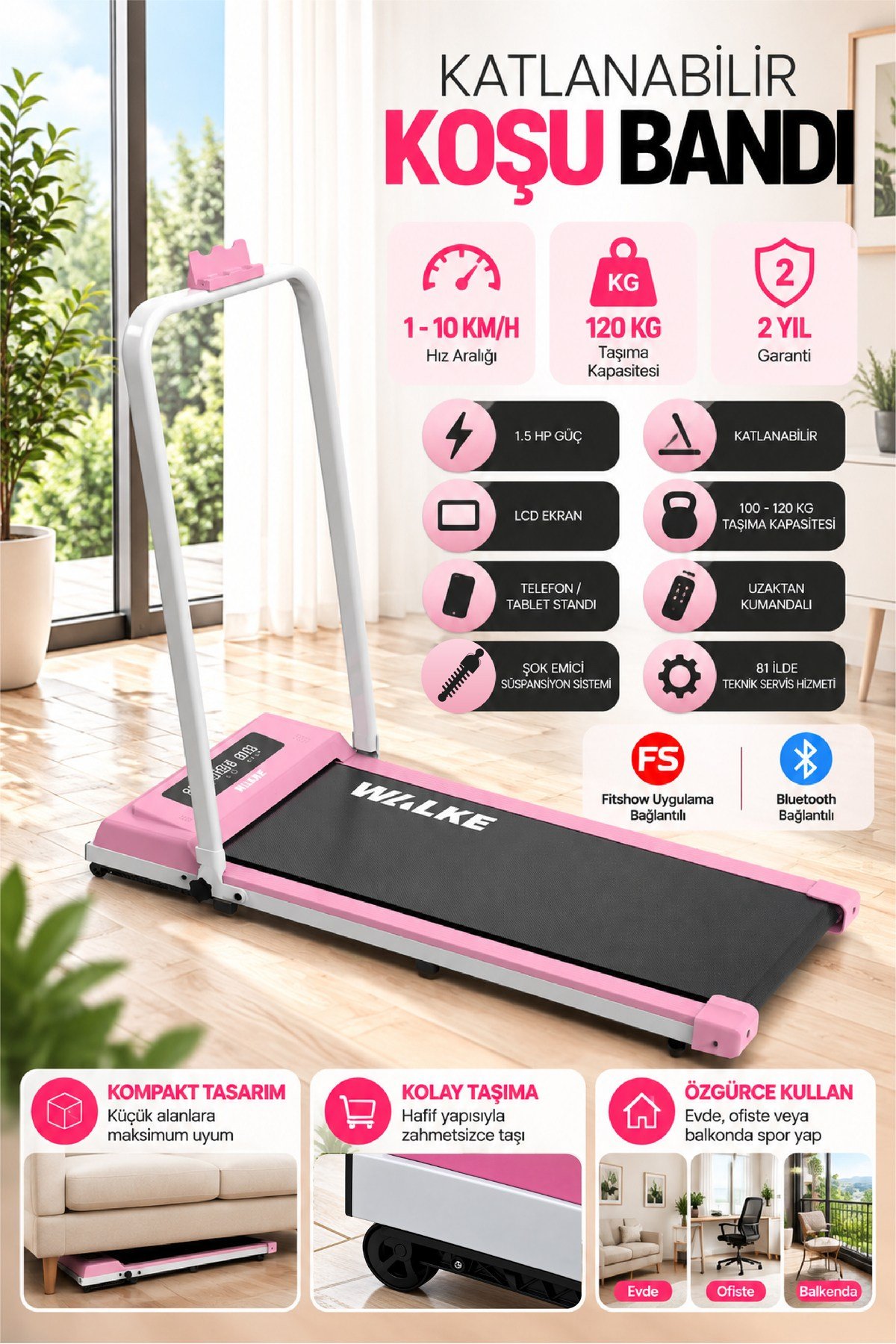 Walke W-fit Pink Bluetoothlu Uygulamalı Uzaktan Kumandalı Koşu Bandı Yürüyüş Bandı Pembe