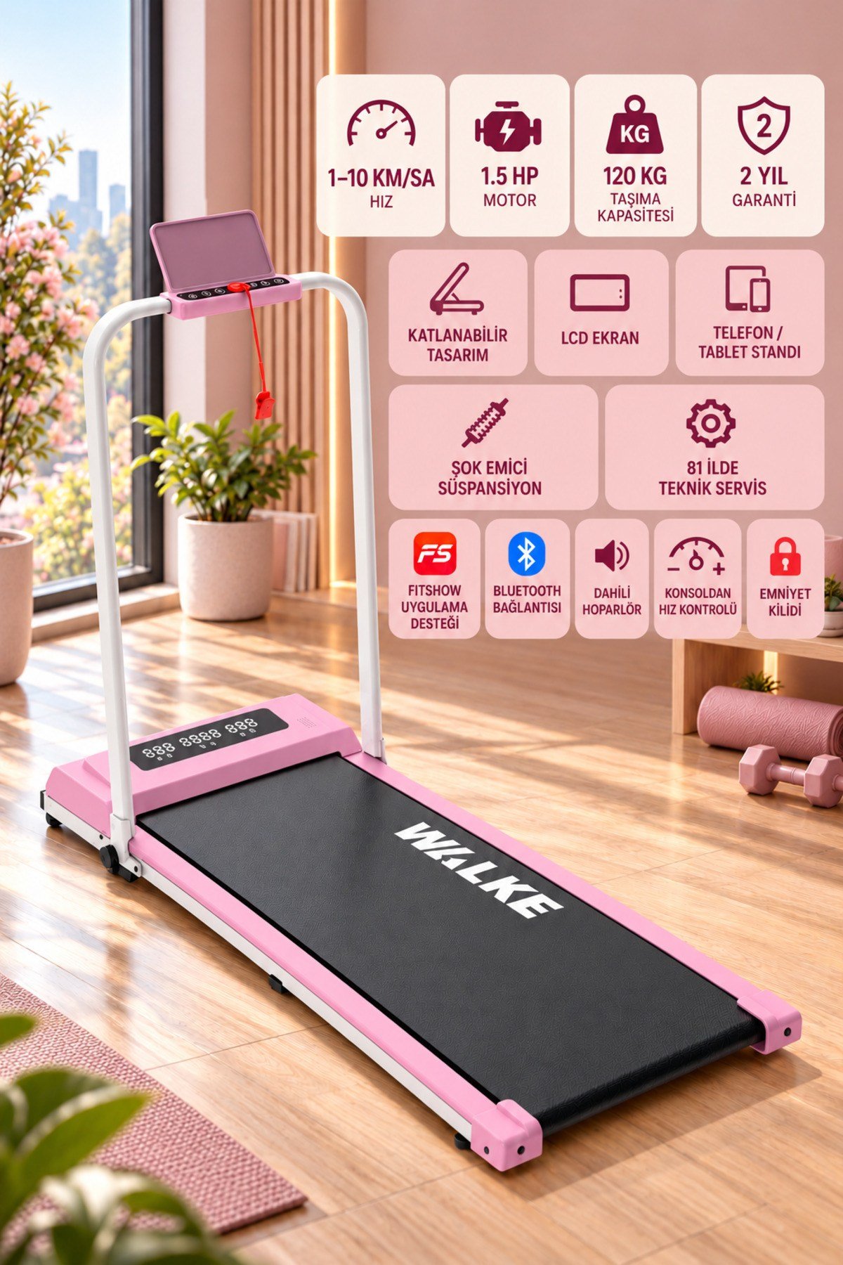 Walke W-Fit Plus Koşu Bandı Pembe Dahili Hoparlörlü Hız Kontrollü Uygulamalı