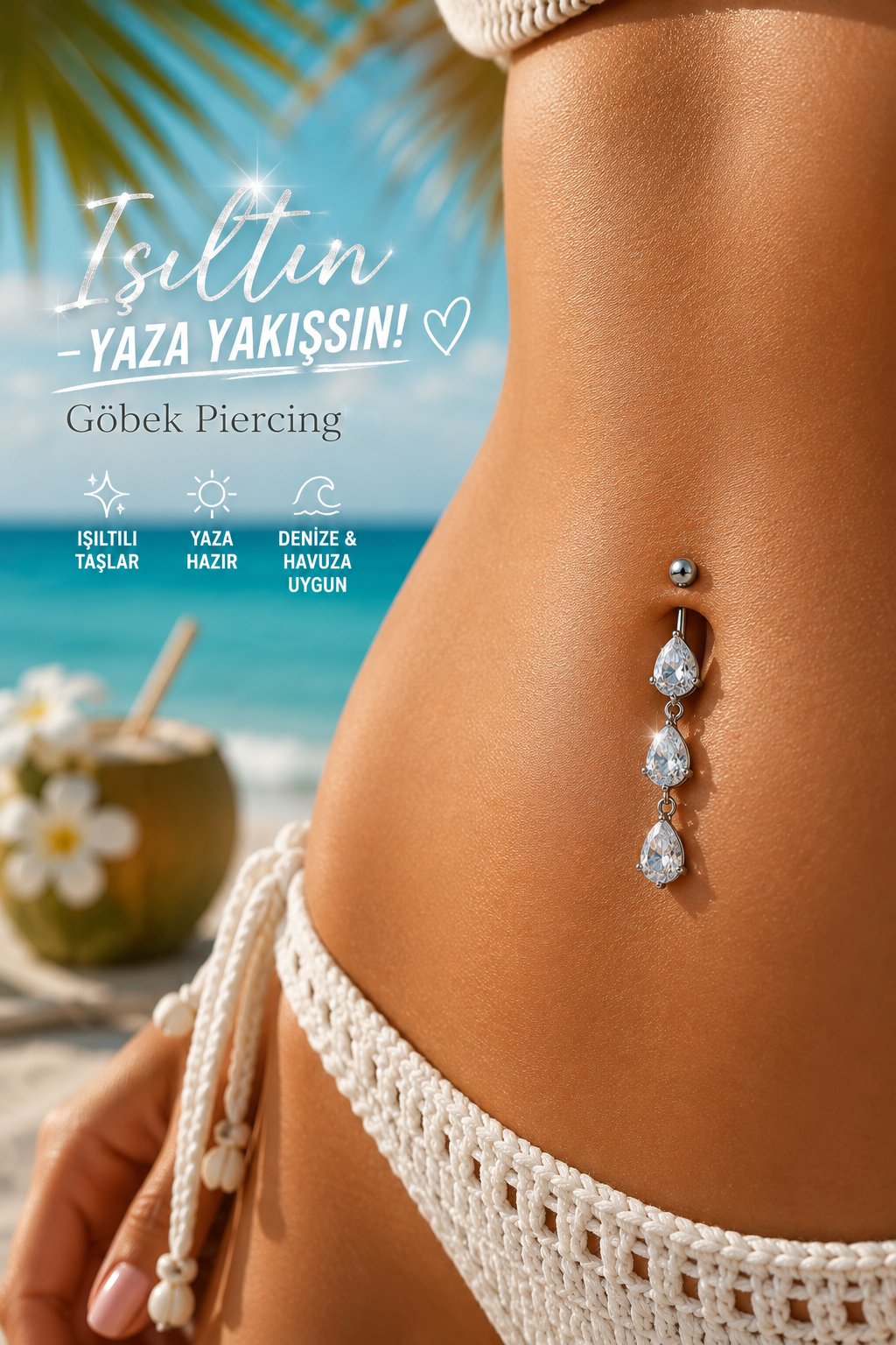 3 Damla Zirkon Taşlı Çelik Göbek Piercingi Sallantılı Model Su Damlası
