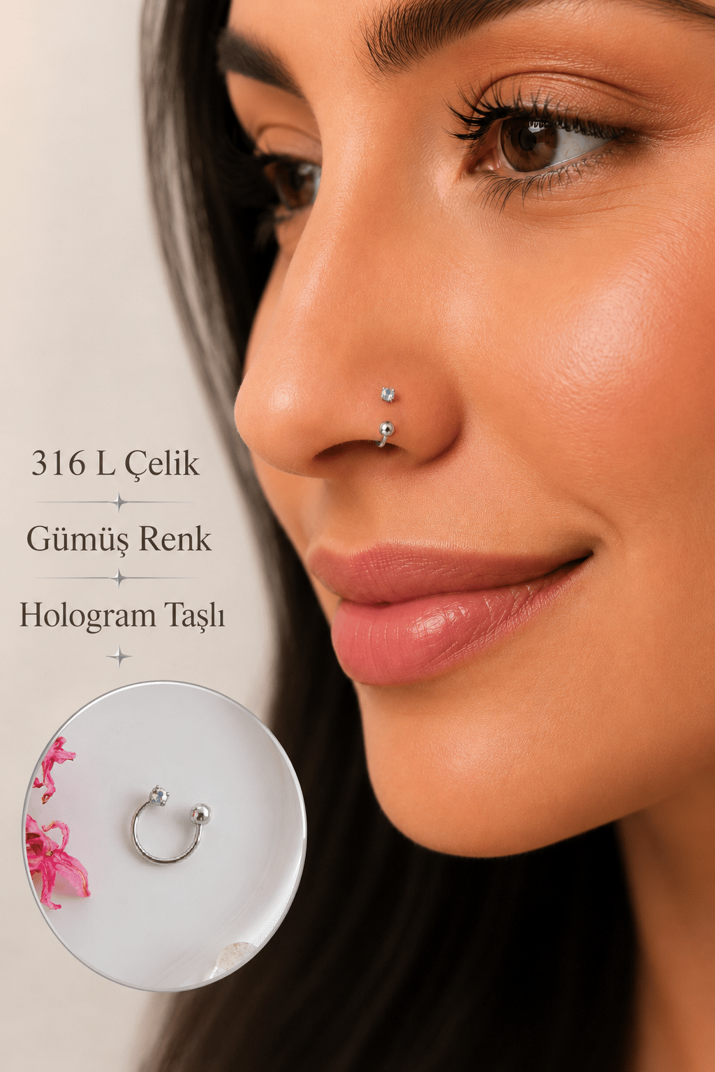 316 L Çelik Hologram Taşlı Hızma Piercing 8 mm Burun Helix Tragus Kıkırdak Küpe