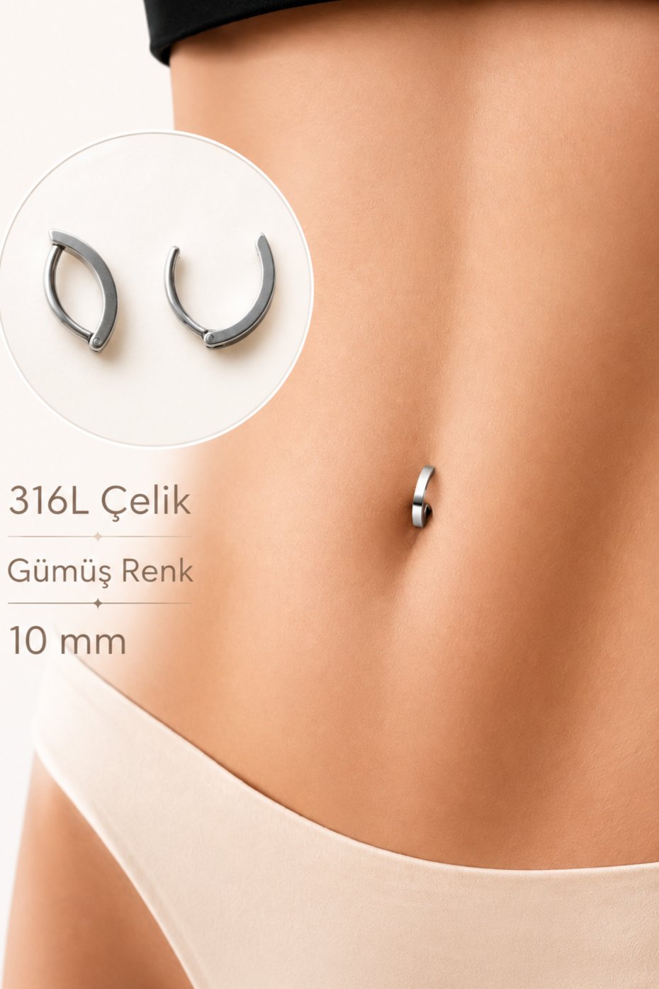 316 L Çelik Yarım Halka Göbek Piercingi Düz Minimal Tasarımlı