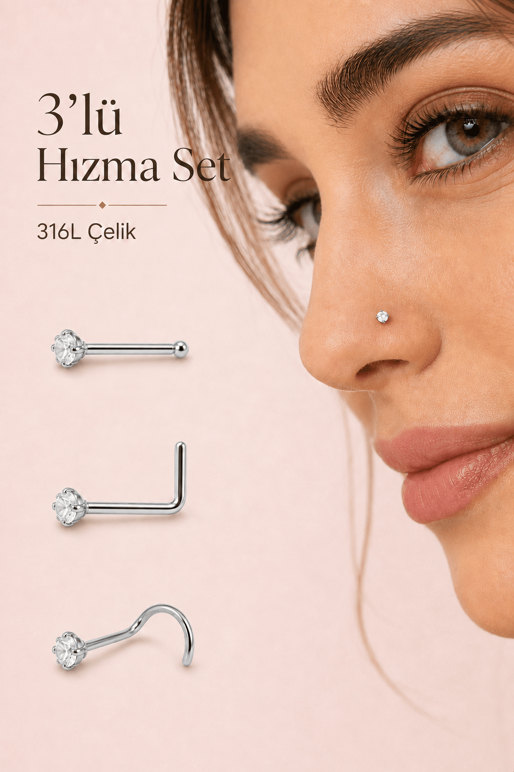 3'lü 316L Çelik Burun Hızması Seti 3 mm Zirkon Taşlı Düz L Kıvrımlı