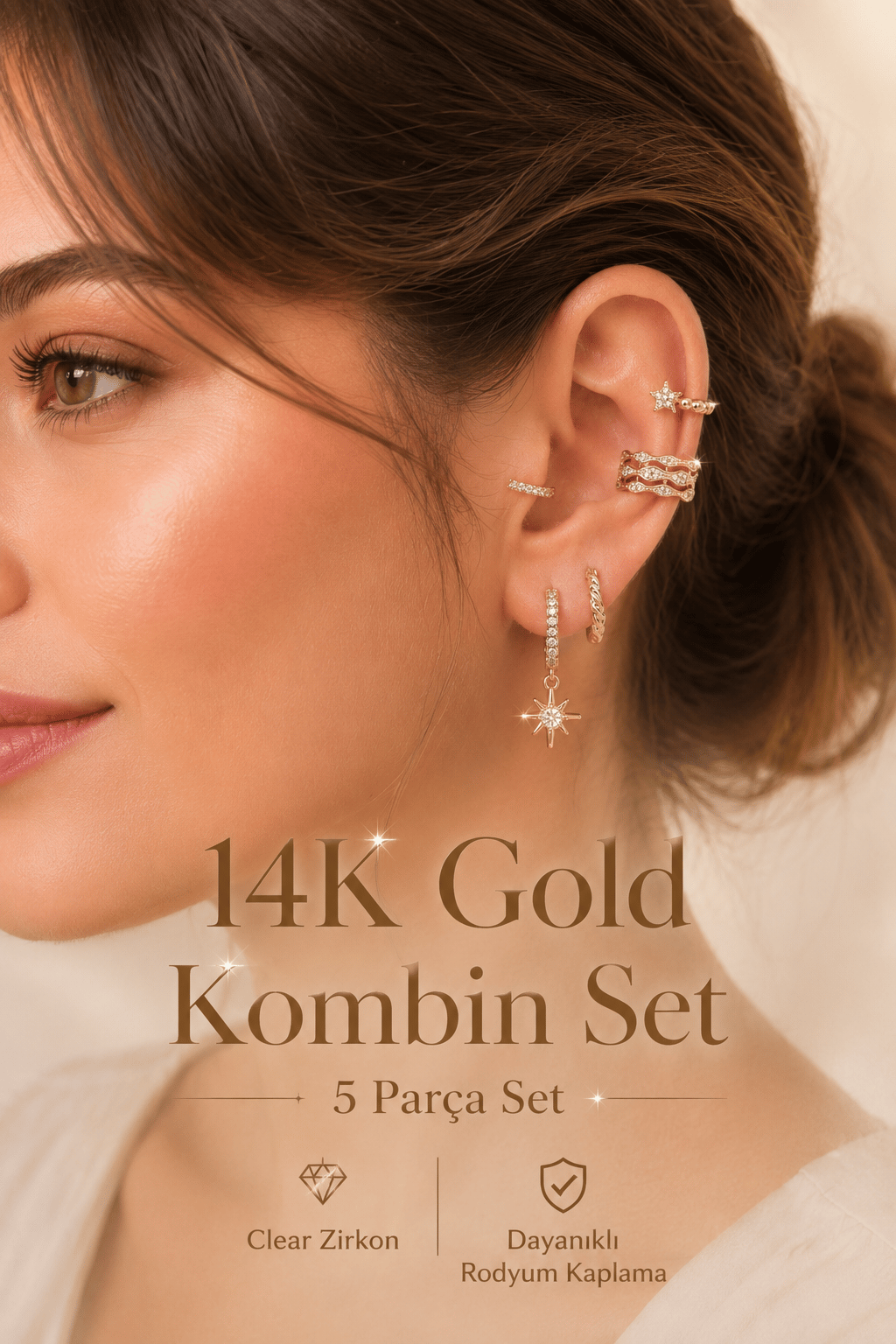 5 Parça 14K Gold Kulak Kombin Seti Zirkon Taşlı Küpe ve Earcuff
