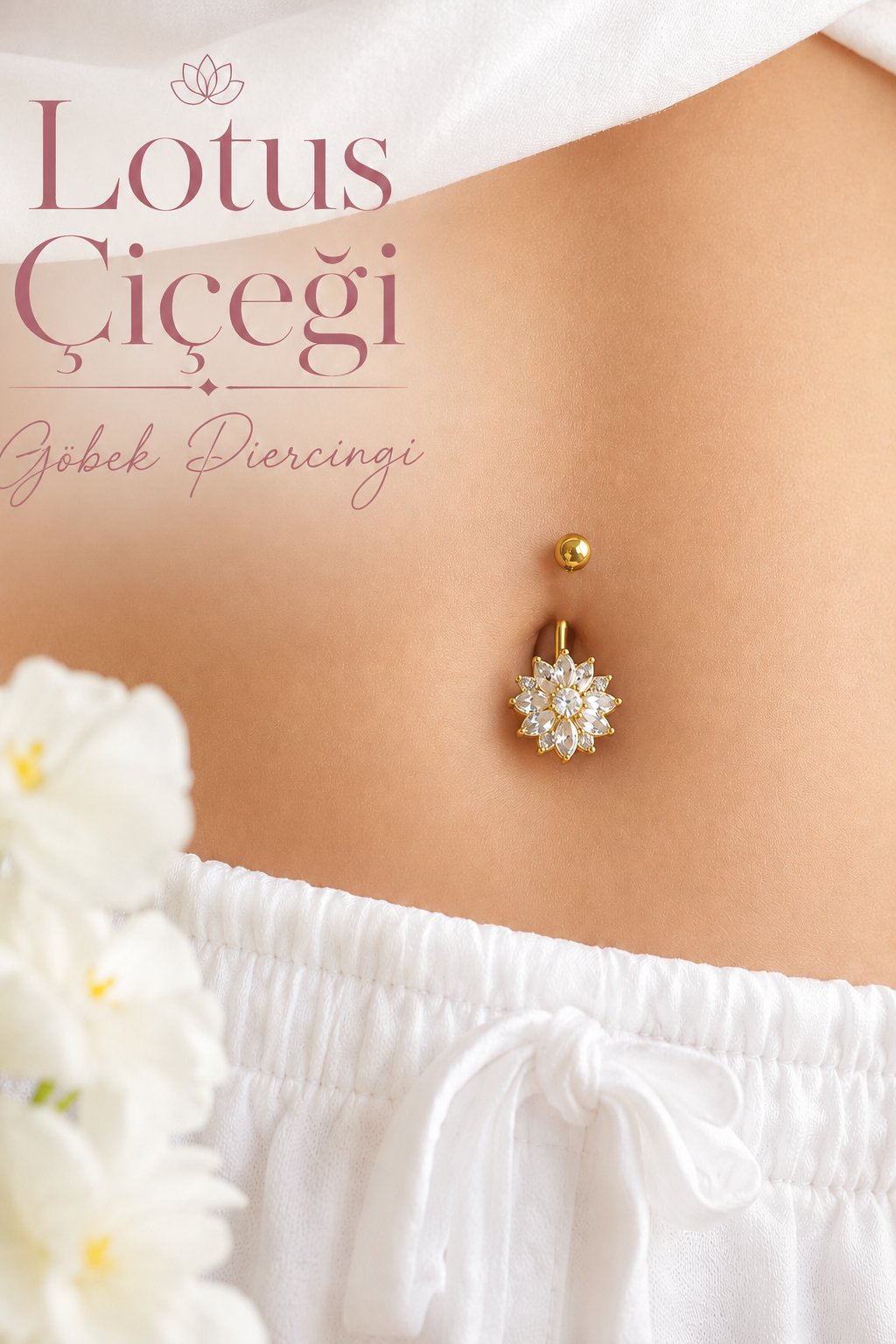 Altın Renkli Çiçek Model Taşlı Çelik Göbek Piercing