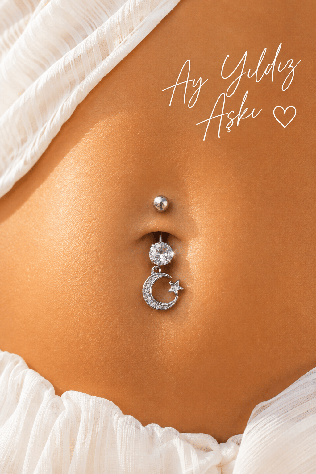 Ay Yıldız Sallantılı Zirkon Taşlı Çelik Göbek Piercing