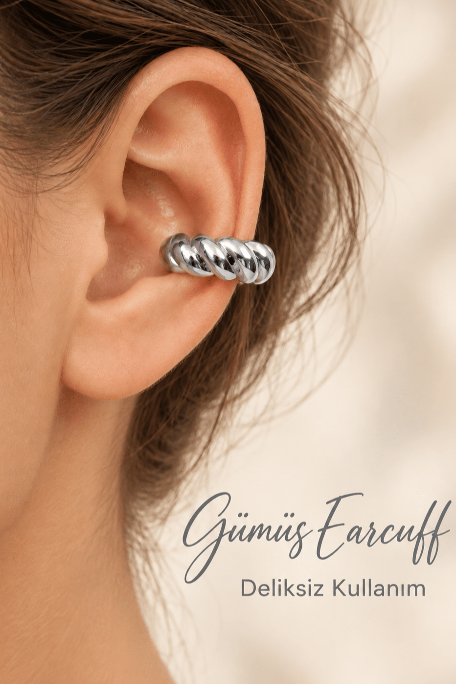 Burgu Model Bombeli Earcuff Büyük Bombeli Kıkırdak Küpesi Gümüş Renkli