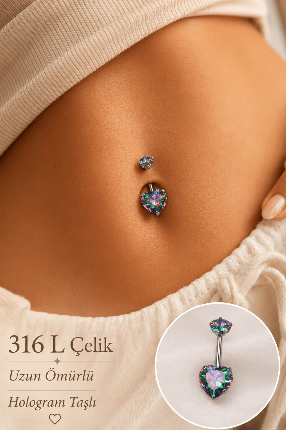 Çelik Kalp Model Galaksi Tektaş Göbek Piercing Gümüş Renkli