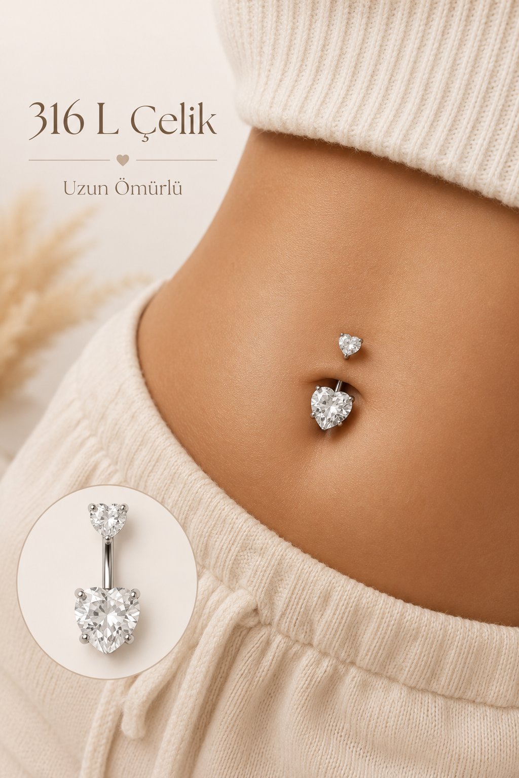 Çelik Kalp Model Tektaş Göbek Piercing Gümüş Renkli