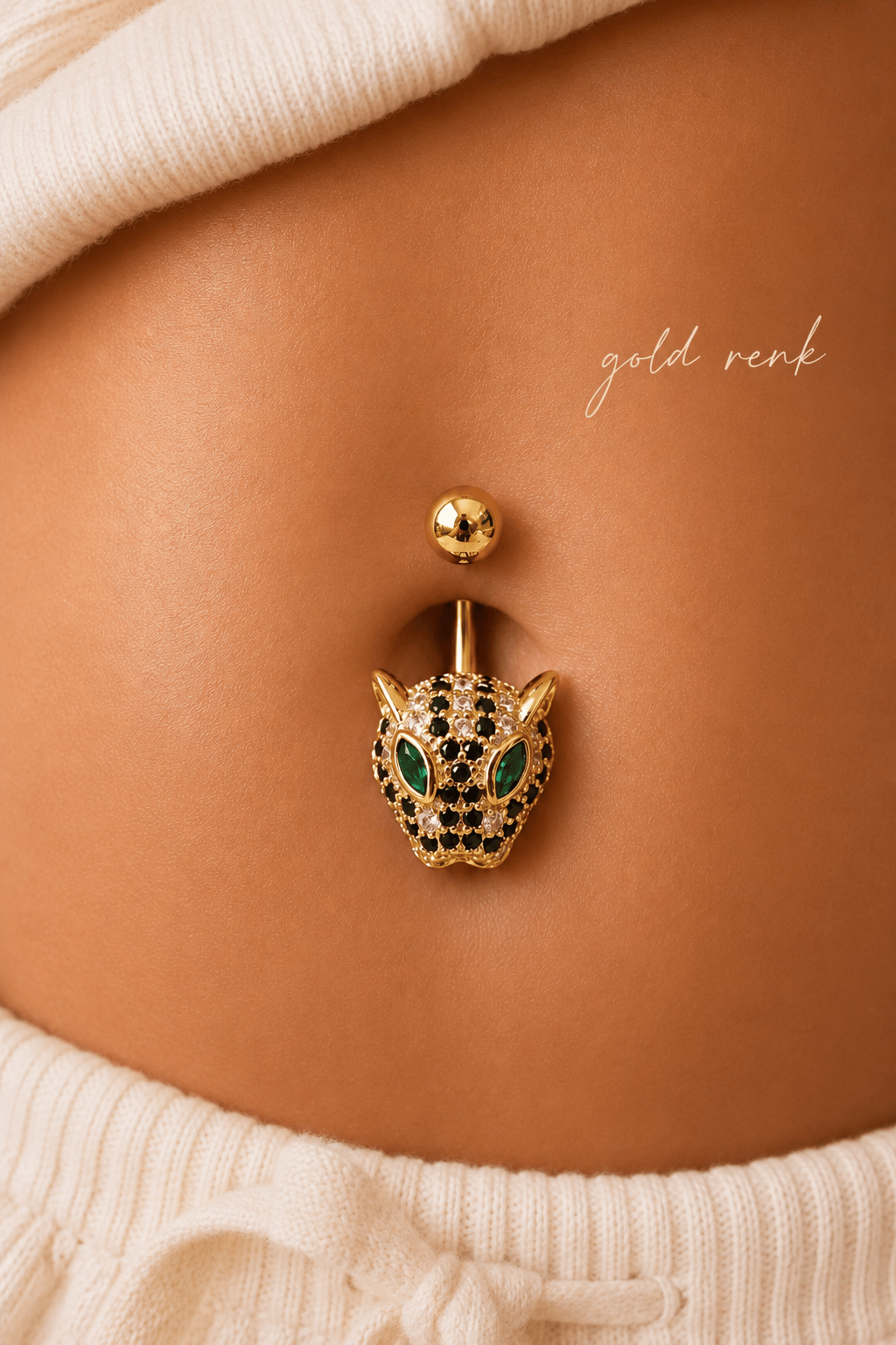 Çelik Kaplan Figürlü Göbek Piercing Gold