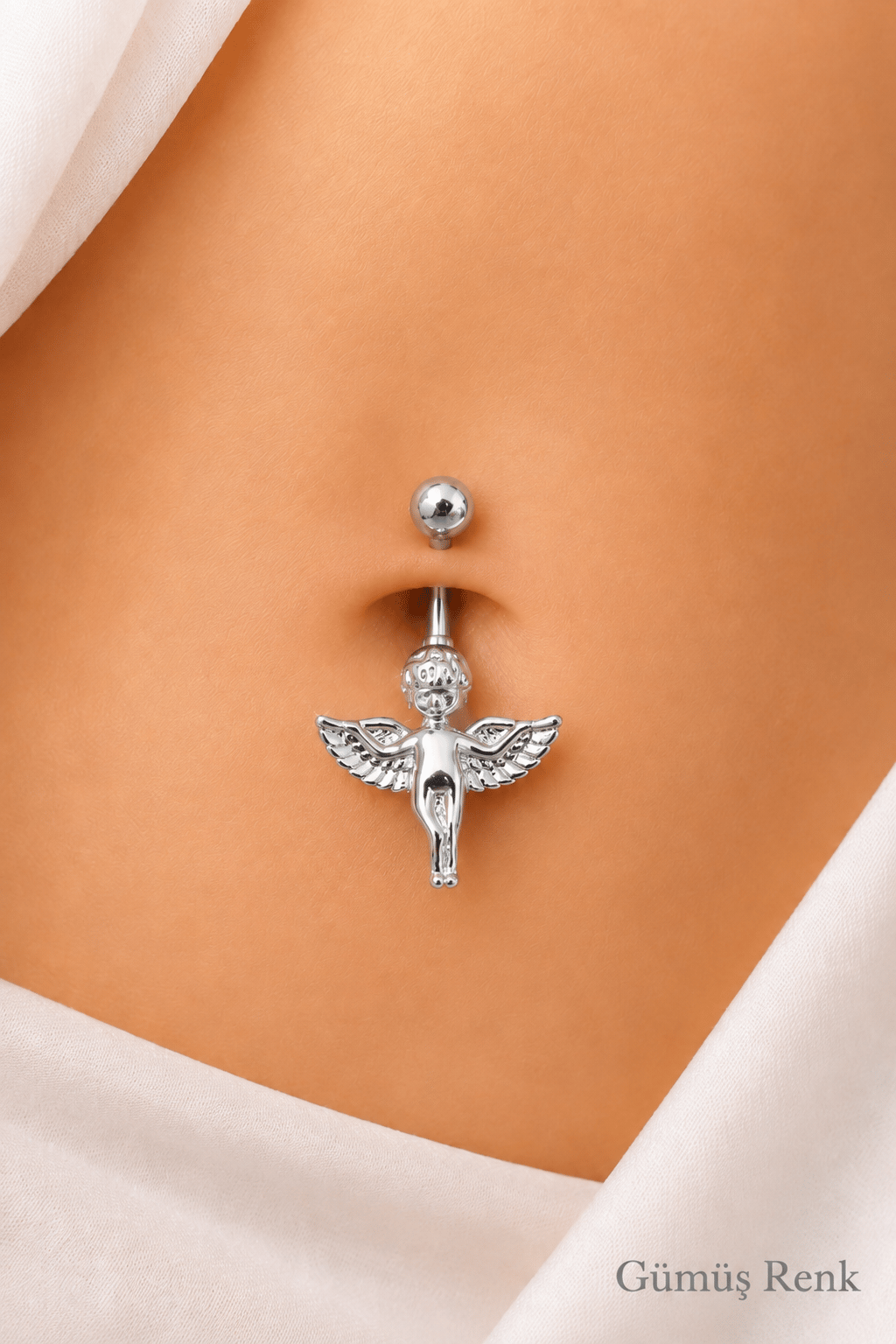 Çelik Melek Figürlü Göbek Piercing Gümüş Renk