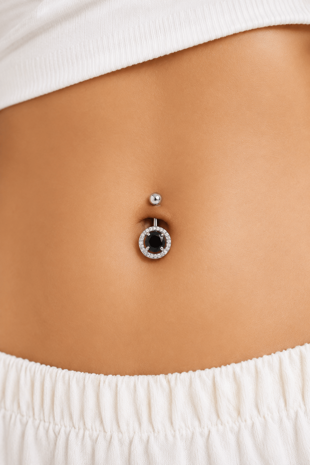 Çelik Siyah Taşlı Göbek Piercing Gümüş Renk
