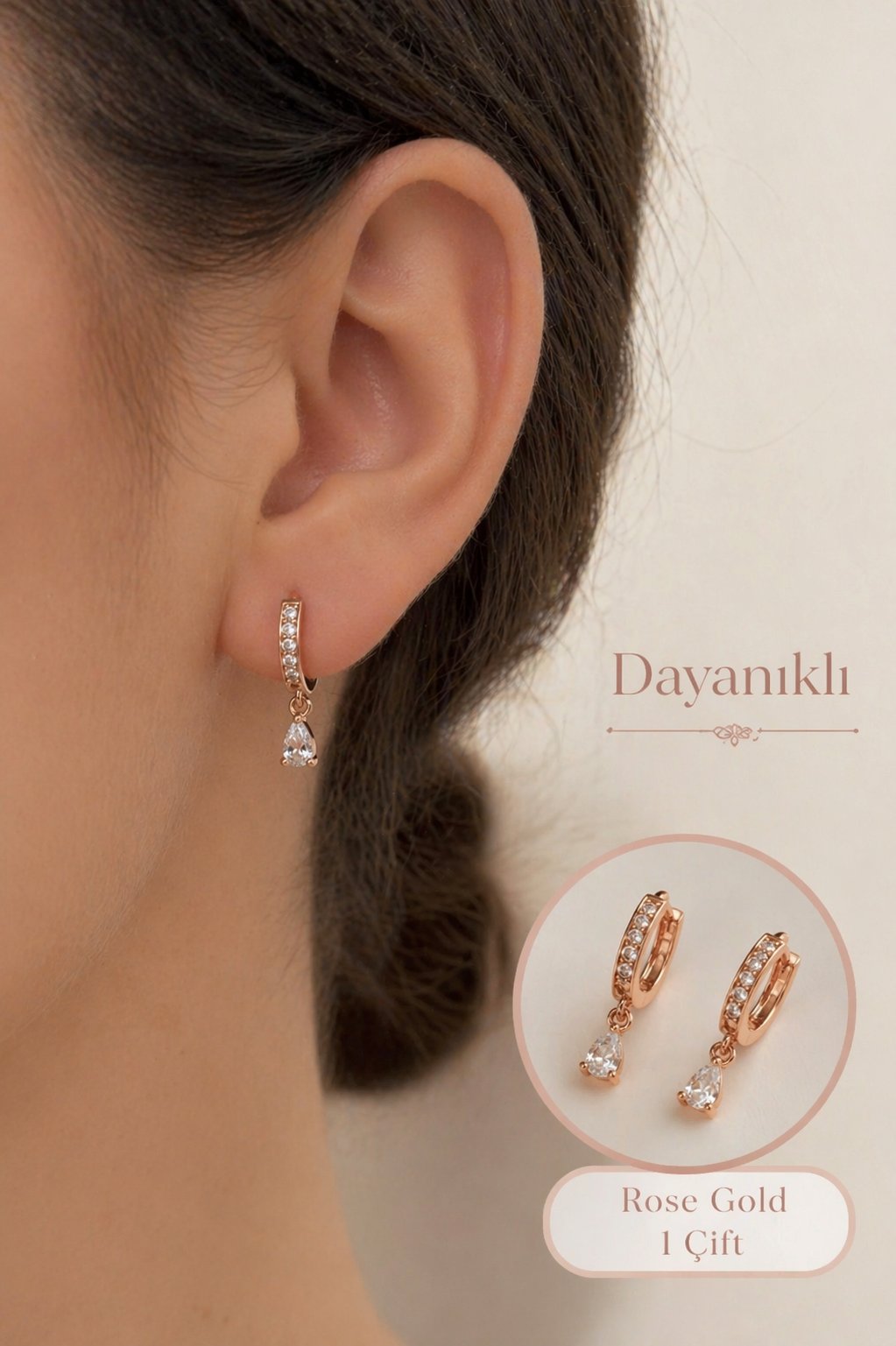 Damla Zirkon Taşlı Halka Küpe Rose Gold 1 Çift