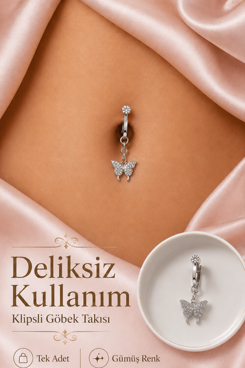 Delik Gerektirmeyen Kelebek Figürlü Sıkıştırmalı Göbek Piercingi Mıknatıslı