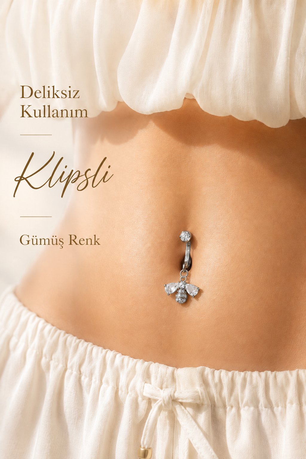 Deliksiz Göbek Piercingi Klipsli Arı Model Çelik Zirkon Taşlı Sıkıştırmalı Göbek Takısı Tek Adet