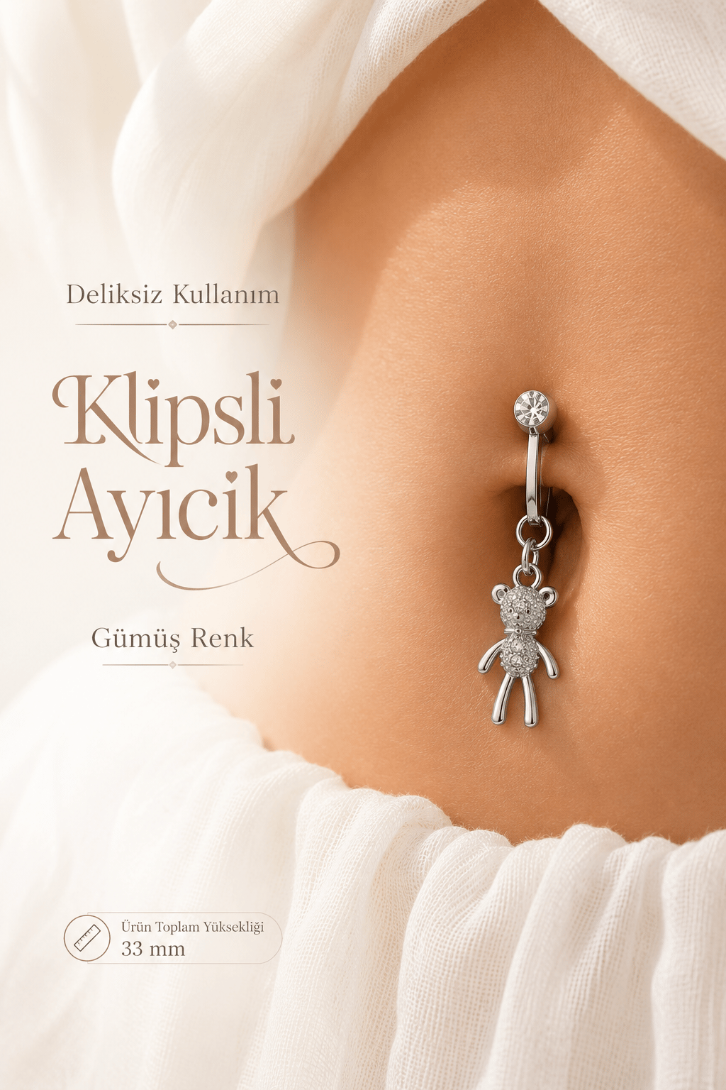 Deliksiz Klipsli Ayıcık Figürlü Göbek Piercing Taşlı Sıkıştırmalı Göbek Takısı