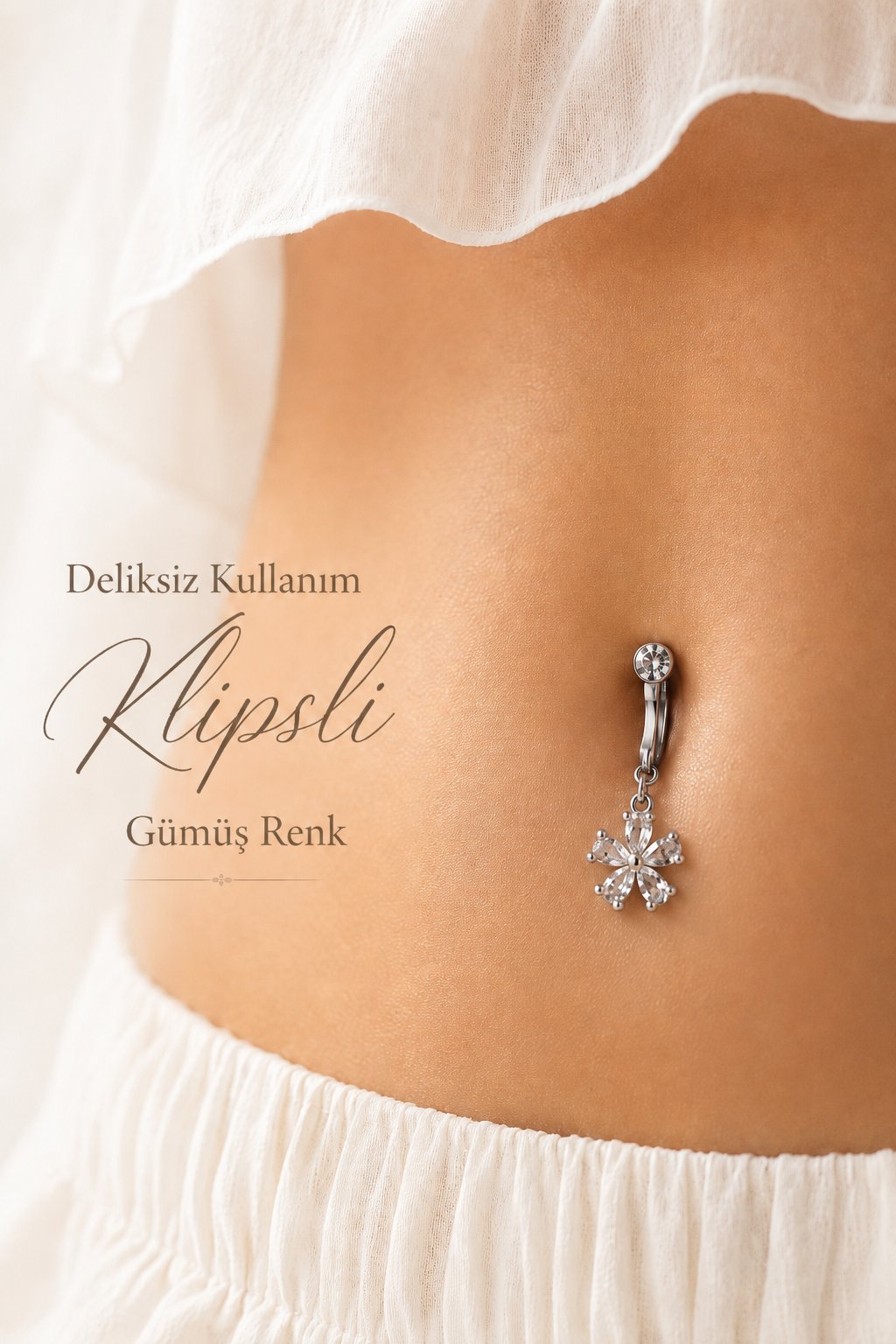 Deliksiz Klipsli Çiçek Göbek Piercing  Taşlı Sıkıştırmalı Göbek Takısı