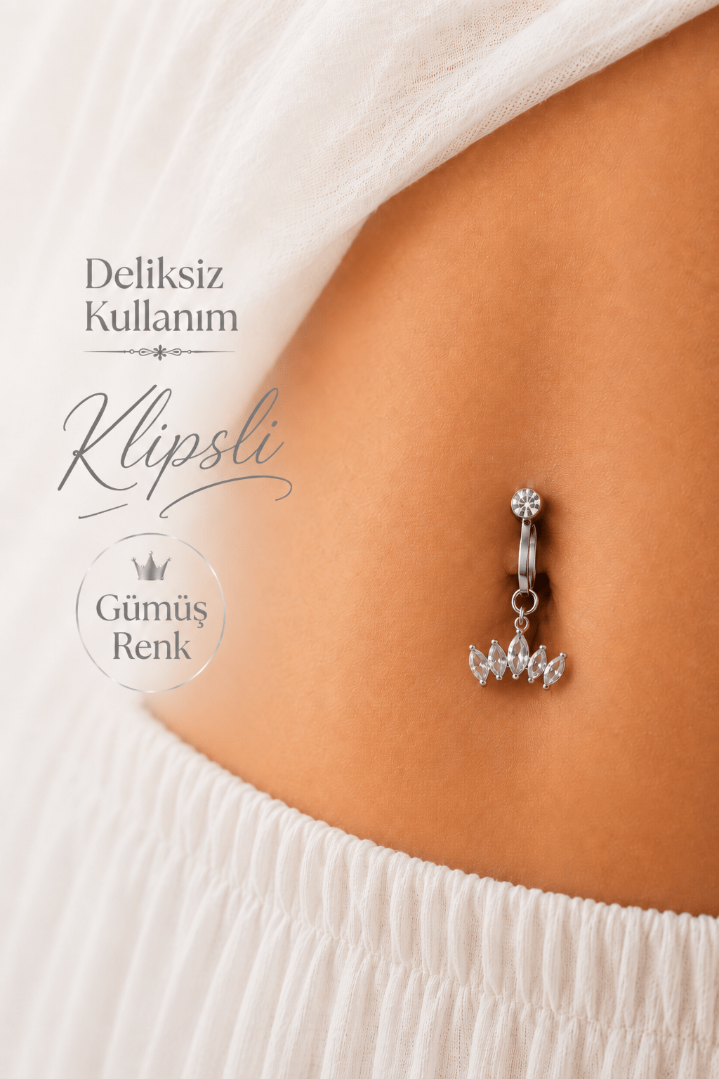 Deliksiz Klipsli Taç Figürlü Göbek Piercing Taşlı Sıkıştırmalı Göbek Takısı
