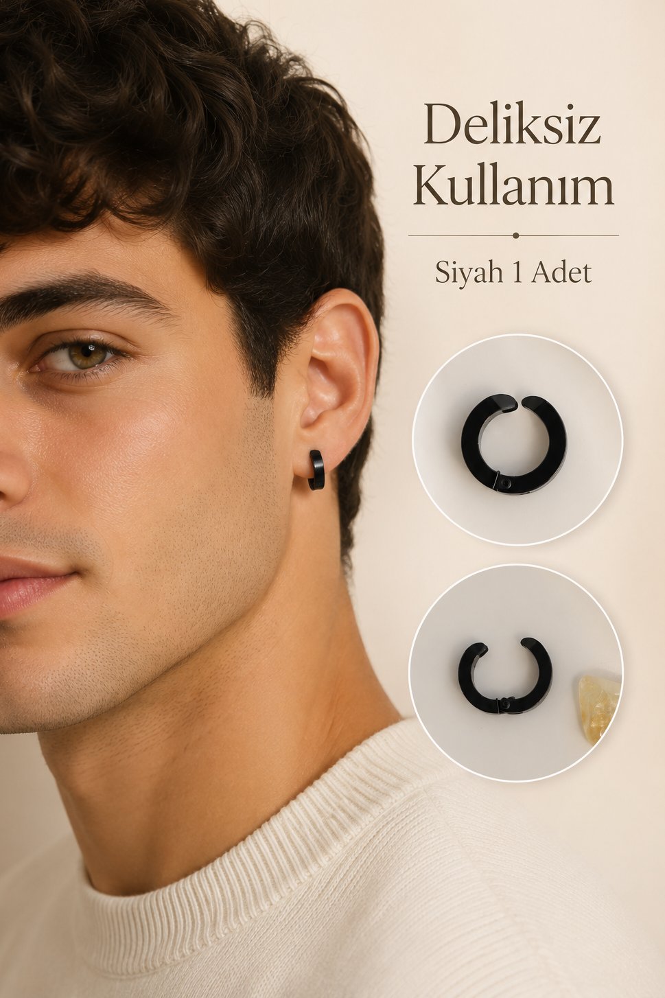 Deliksiz Siyah Çelik Halka Küpe ve Ear Cuff Sıkıştırmalı Erkek Küpe 1 Adet
