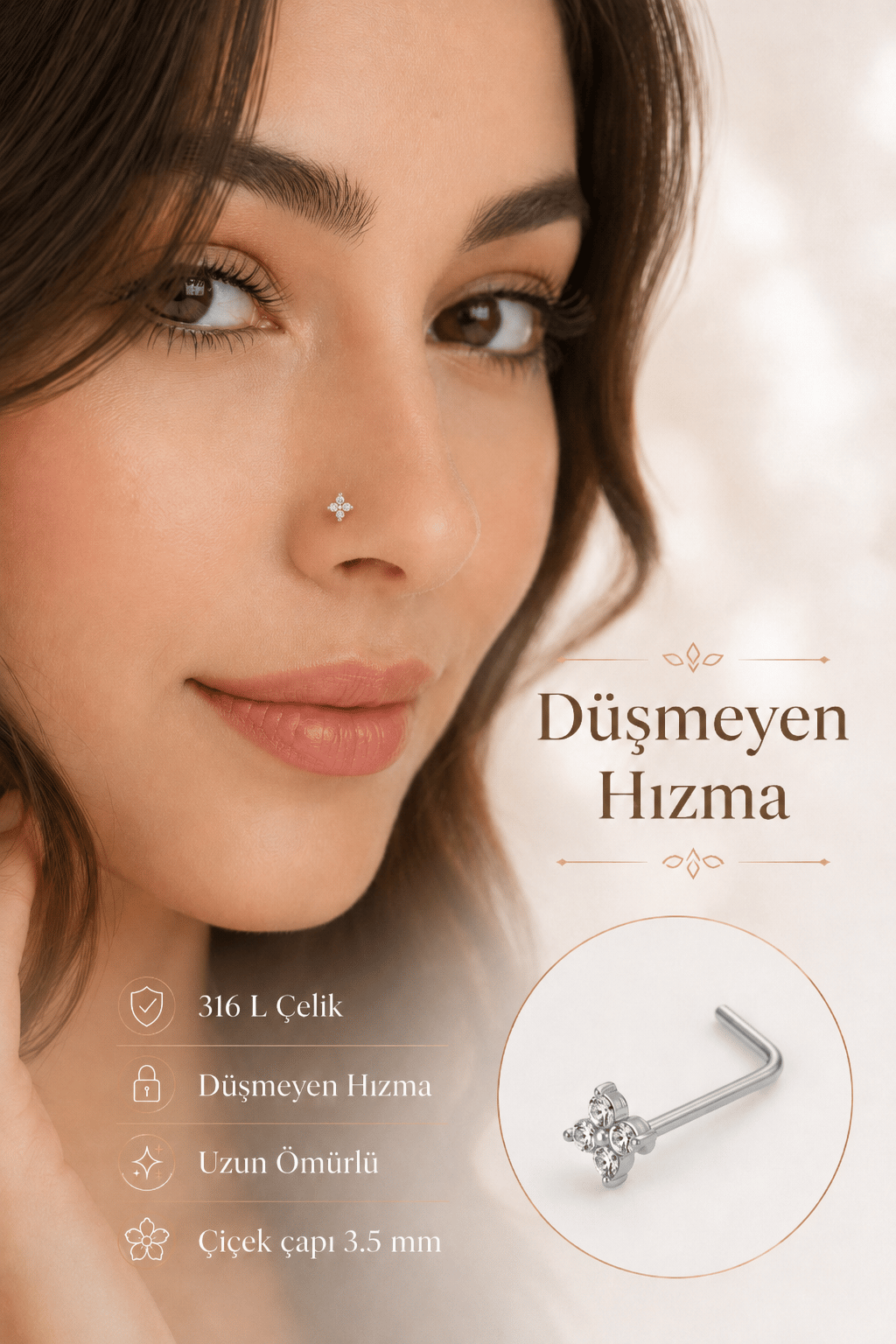 Düşmeyen L Model Çiçekli Çelik Burun Hızması 316L Zirkon Taşlı