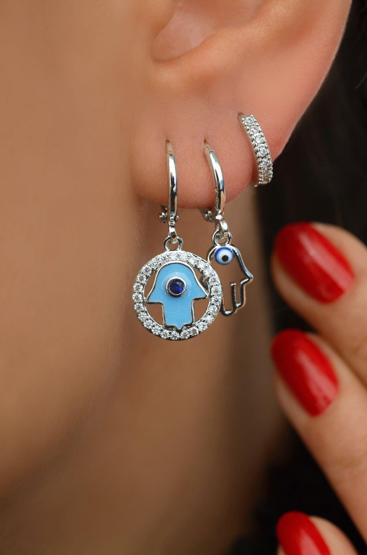 El Nazar Figürlü Mavi 3'lü Küpe Seti