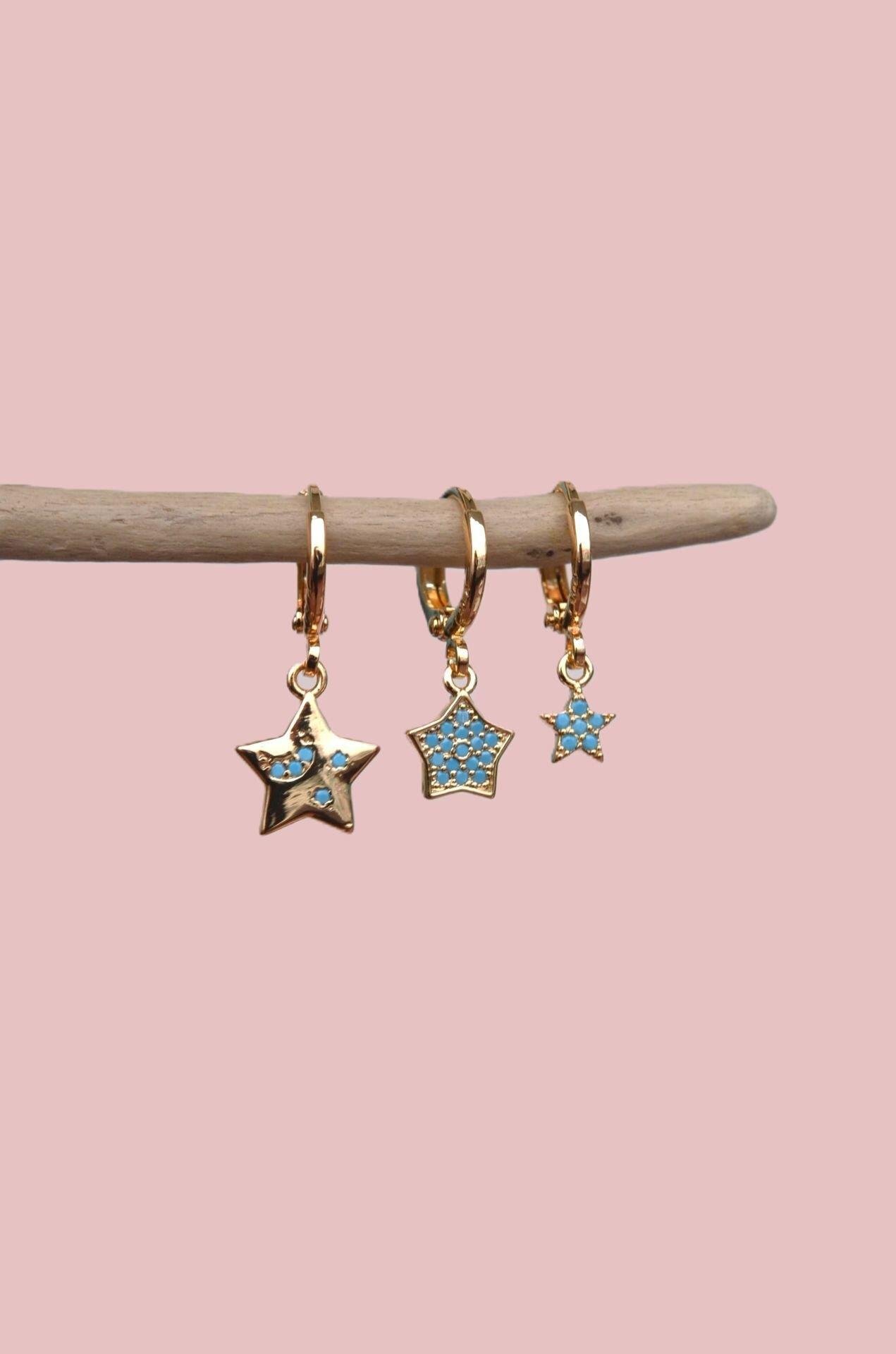 Firuze Taşlı Yıldız Charmlı Küpe Seti 3 Parça Minimal Küpe