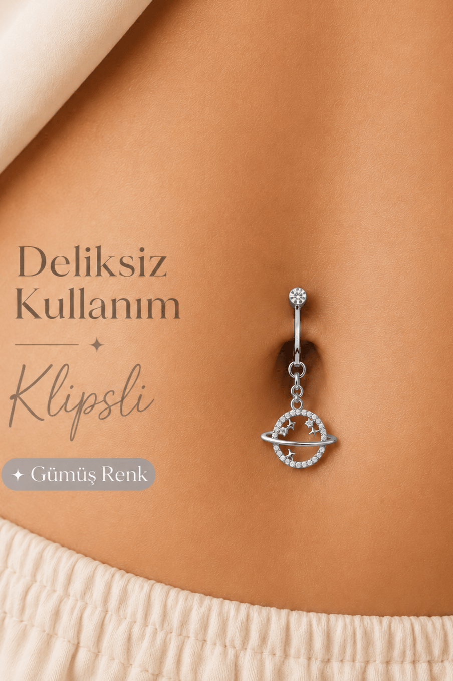 Galaksi Satürn Deliksiz Klipsli Göbek Piercingi Zirkon Taşlı Sallantılı