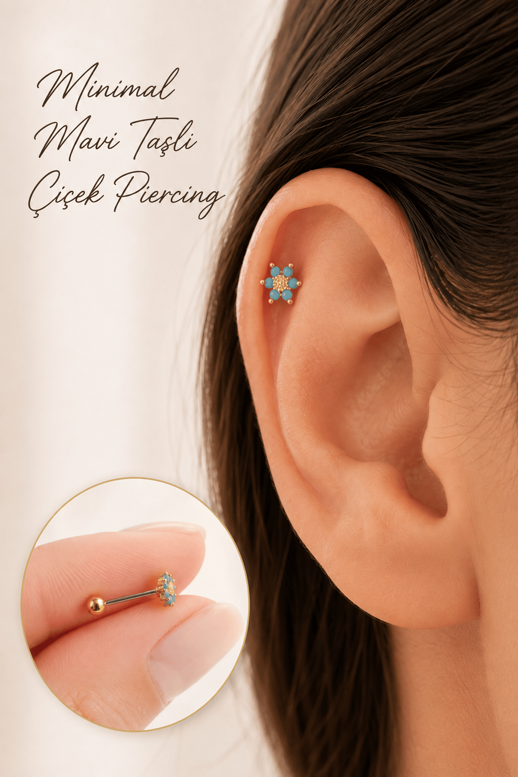 Gold Çelik Mavi Çiçek Piercing Helix Kıkırdak