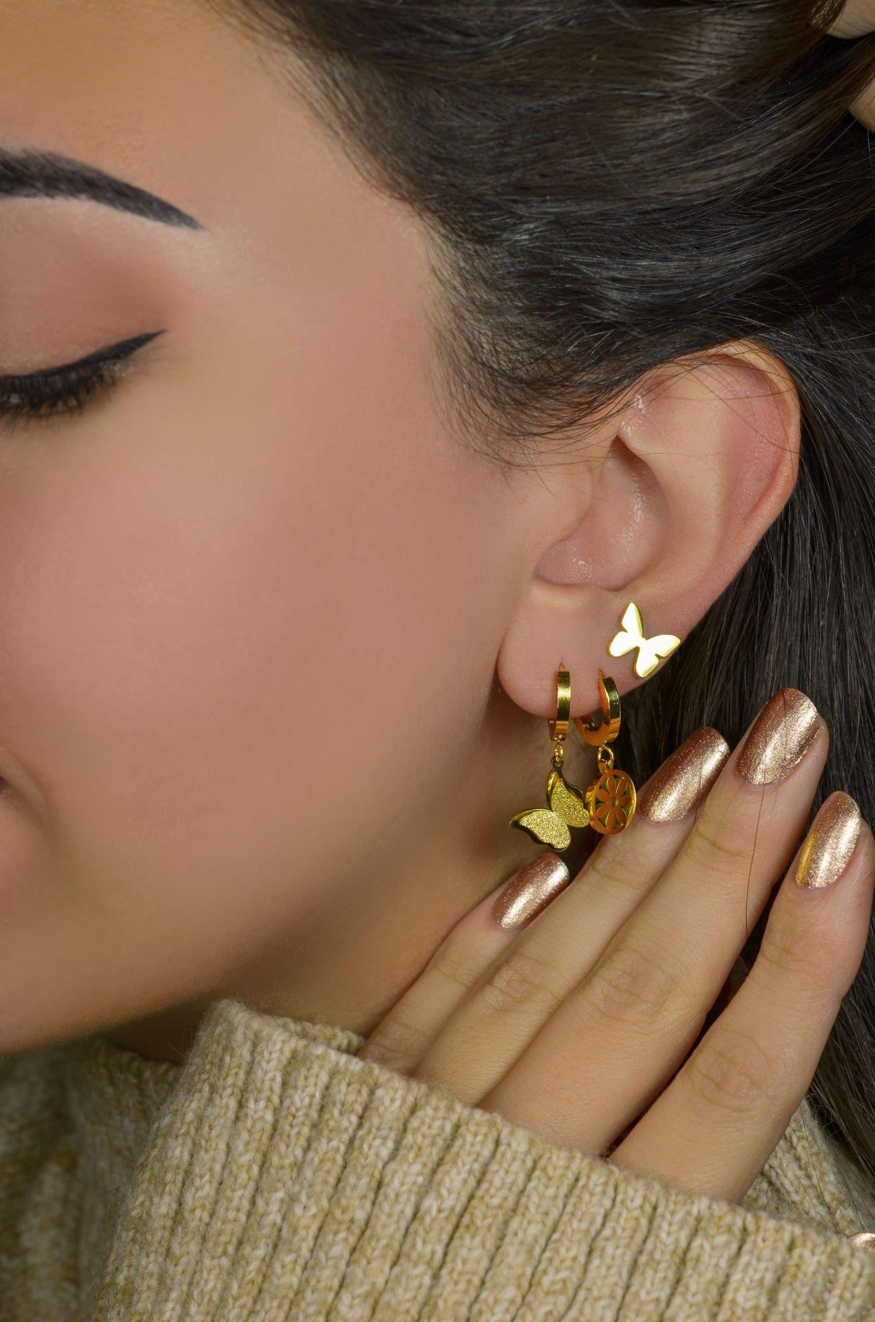 Gold Kelebek Çelik Üçlü Küpe Seti