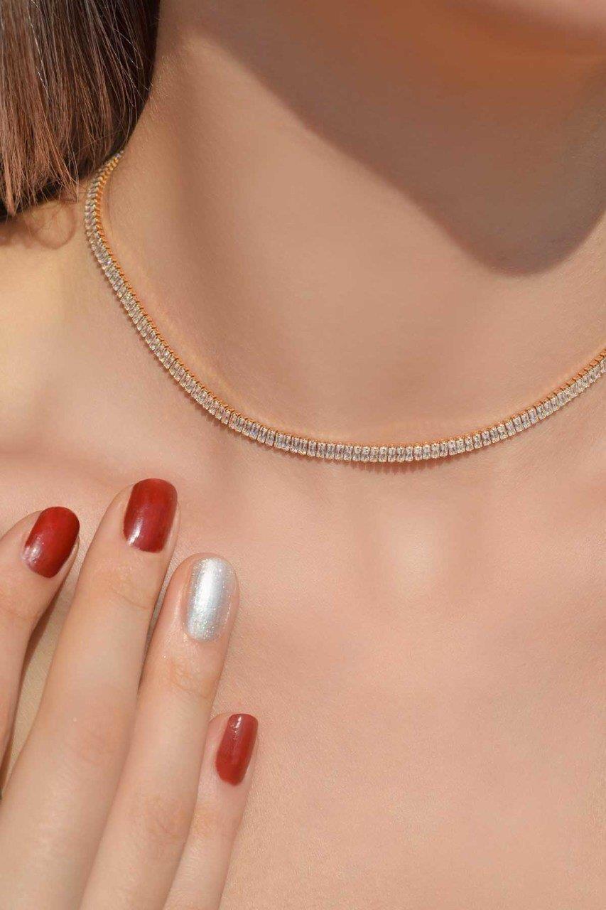 Gold Renk Baget Zirkon Taşlı Su Yolu Choker Kolye