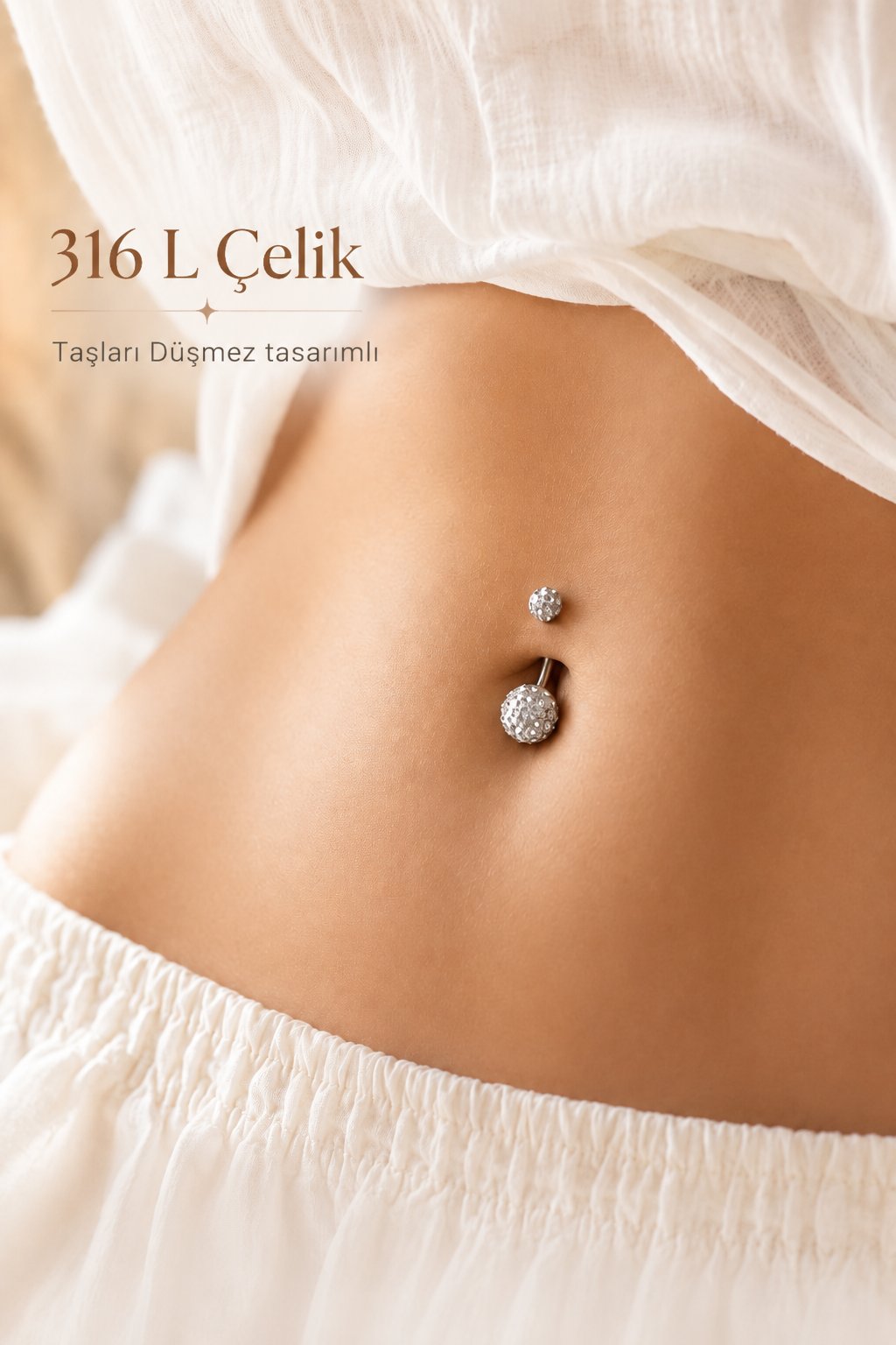 Gümüş Renk Işıltılı Top Çelik Göbek Piercing