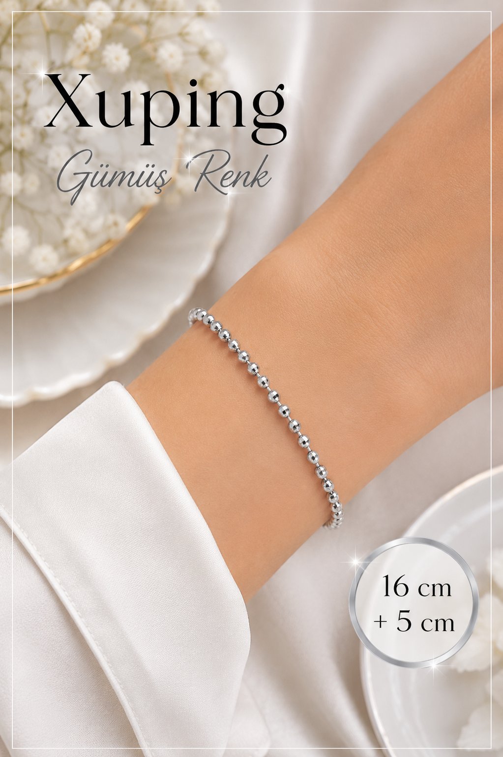 Gümüş Renk Topçuklu Kadın Bileklik 16 cm + 5 cm Dorika Bileklik