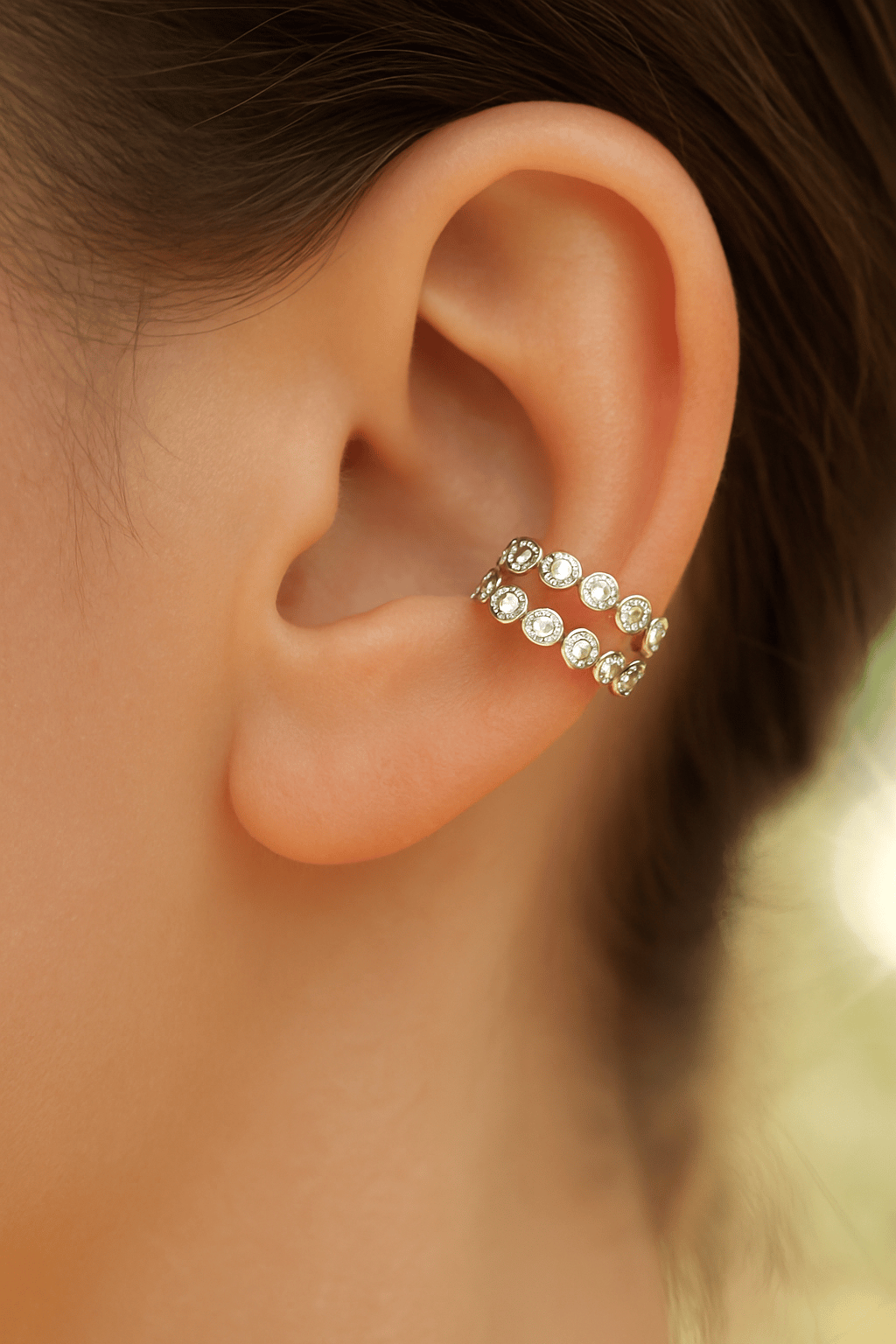 Gümüş Renkli İki Sıralı Taşlı Earcuff Sıkıştırmalı Kıkırdak Küpesi