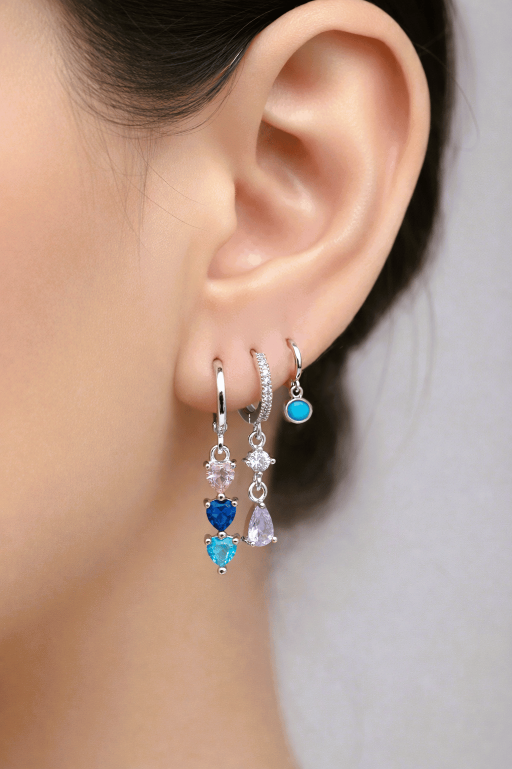 Gümüş Renkli Zirkon Taşlı Çok Renkli Küpe Seti 3 Parça