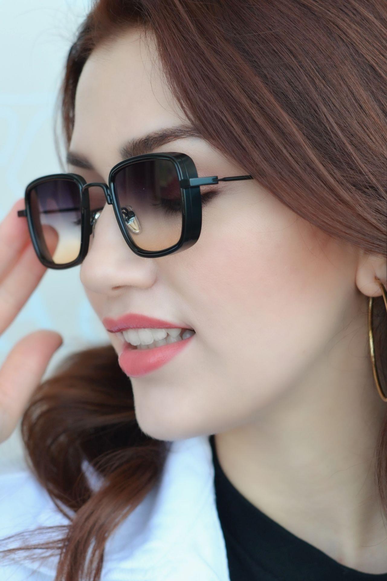 Güneş Gözlüğü Oval Kare Tasarımlı Metal Siyah Çerçeve Turuncu Siyah Cam