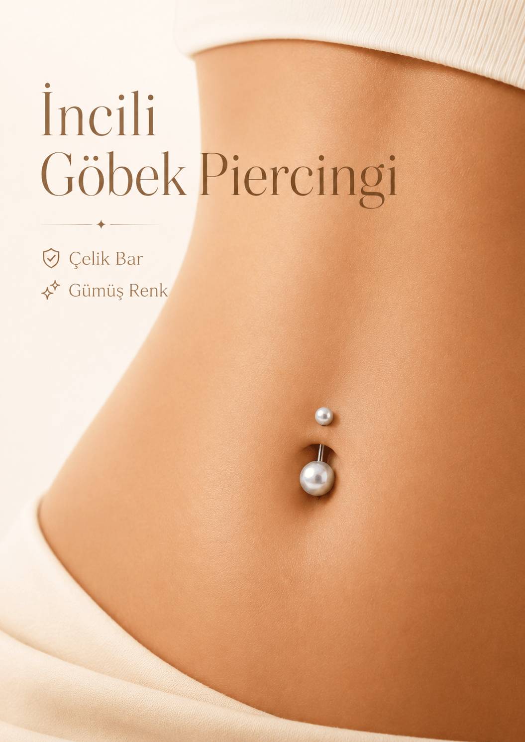 İnci Görünümlü Boncuklu Göbek Piercingi Çelik Bar