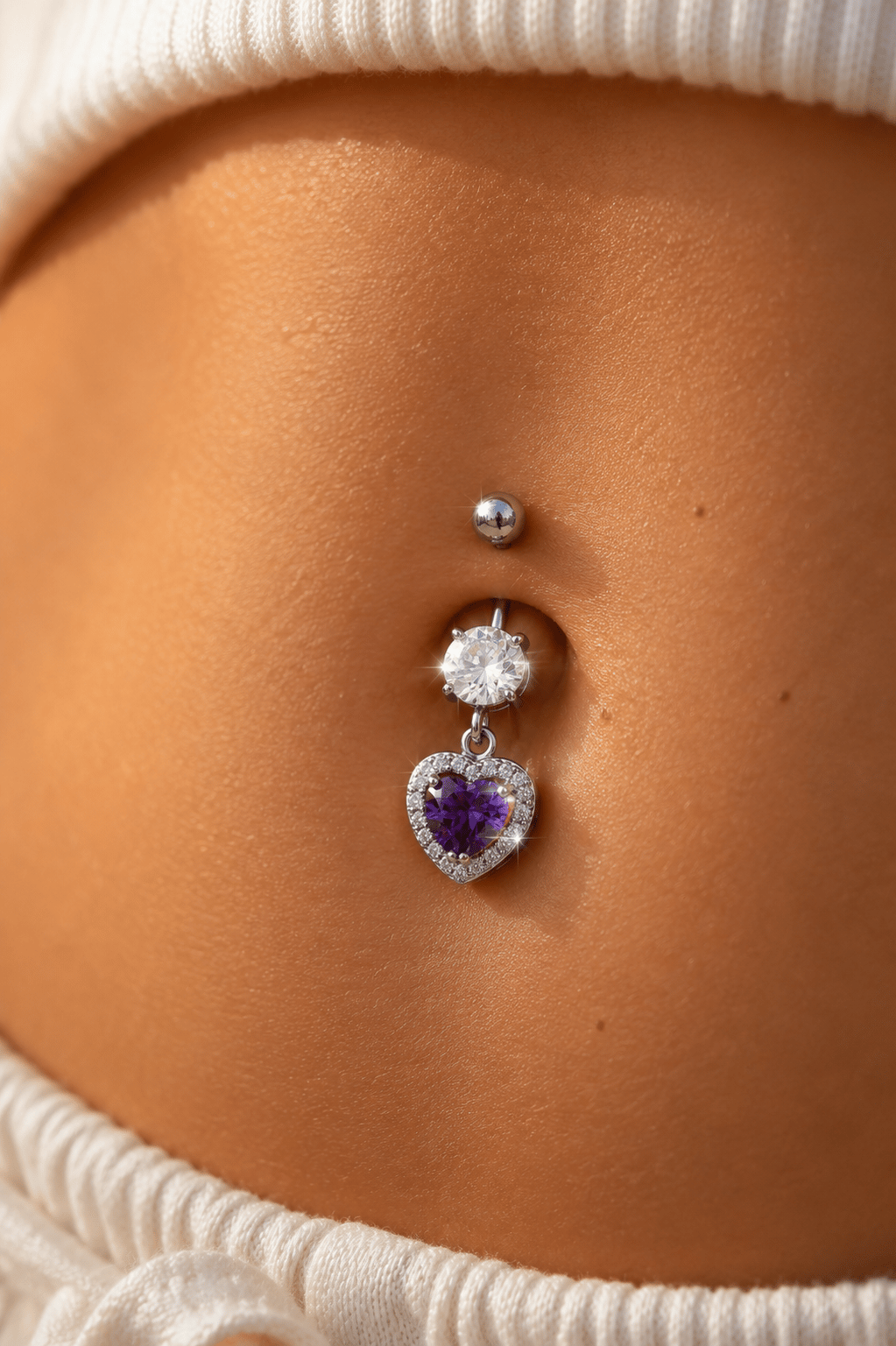 Kalp Model Mor Taşlı Çelik Göbek Piercing