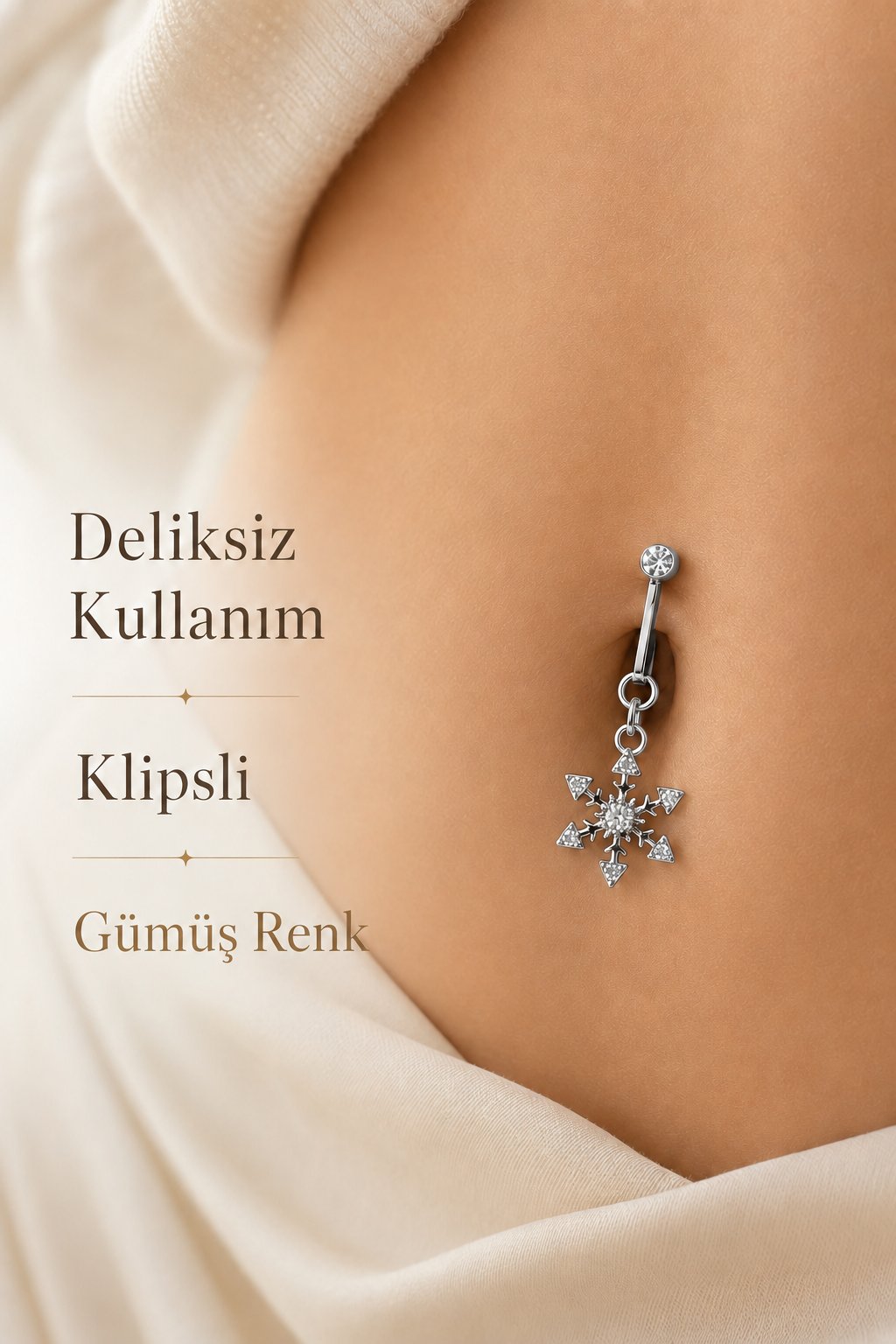 Kar Tanesi Klipsli Göbek Piercingi Deliksiz Zirkon Taşlı Çelik