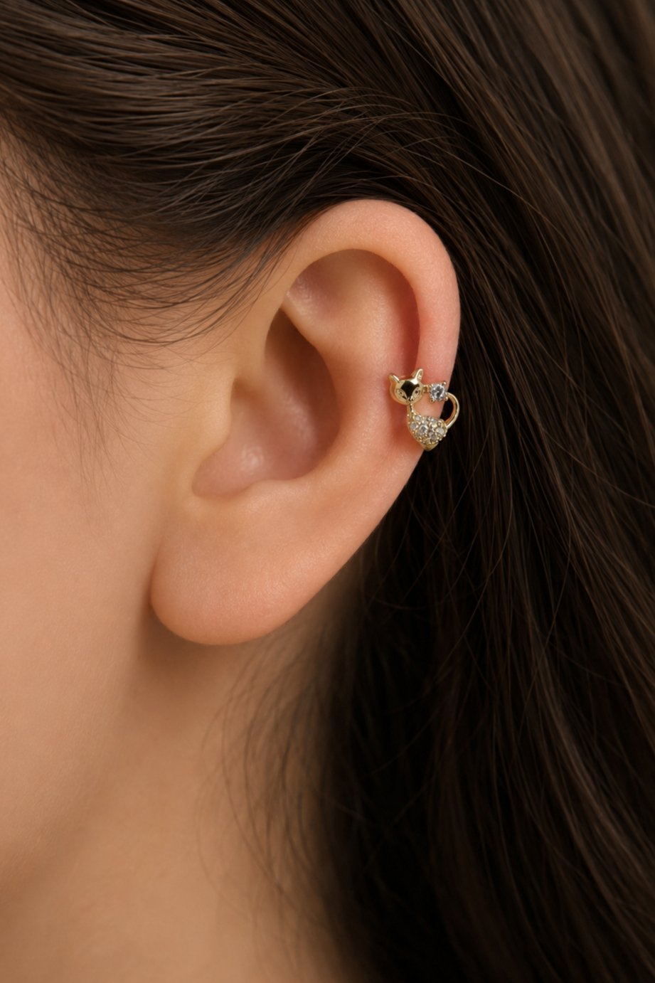 Kedi Figürlü Halka Piercing Tragus Helix Kıkırdak Lob Küpesi Tek Adet