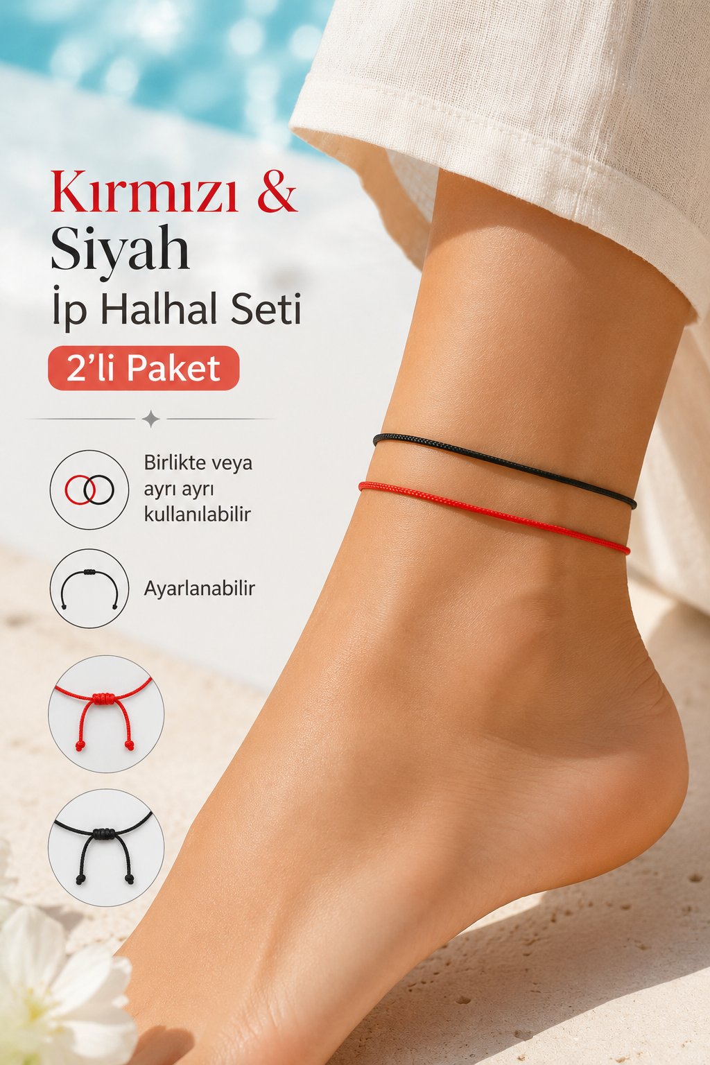 Kırmızı Siyah İp Halhal Seti 2'li Paket Ayarlanabilir Makrome Halhal