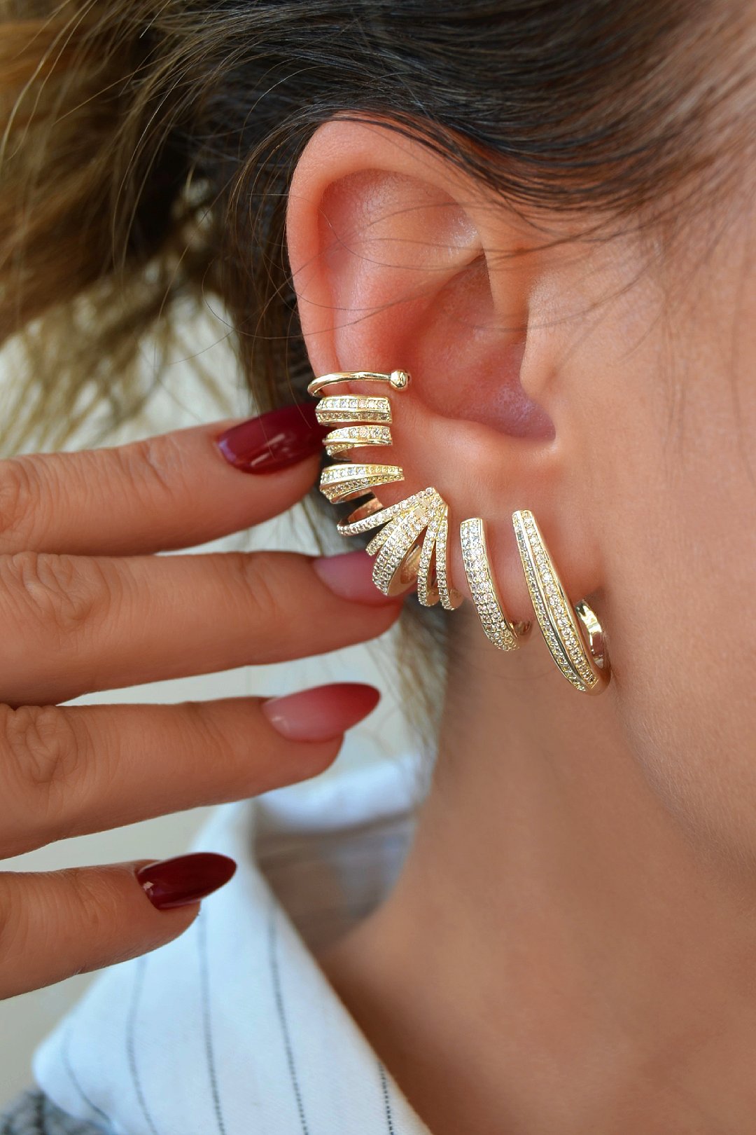 Kulağı Kaplayan Çoklu Earcuff – Zirkon Taşlı Özel Tasarım (Tek Adet)