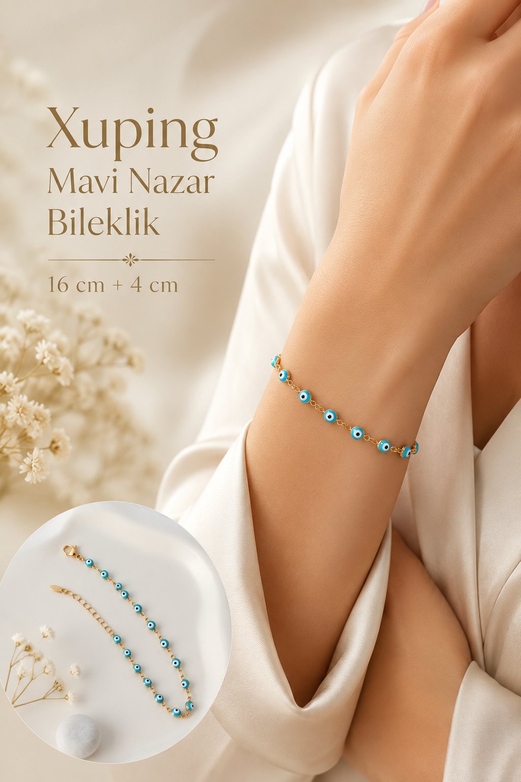 Mineli Mavi Nazar Boncuklu Kadın Bileklik 16 cm + 3 cm
