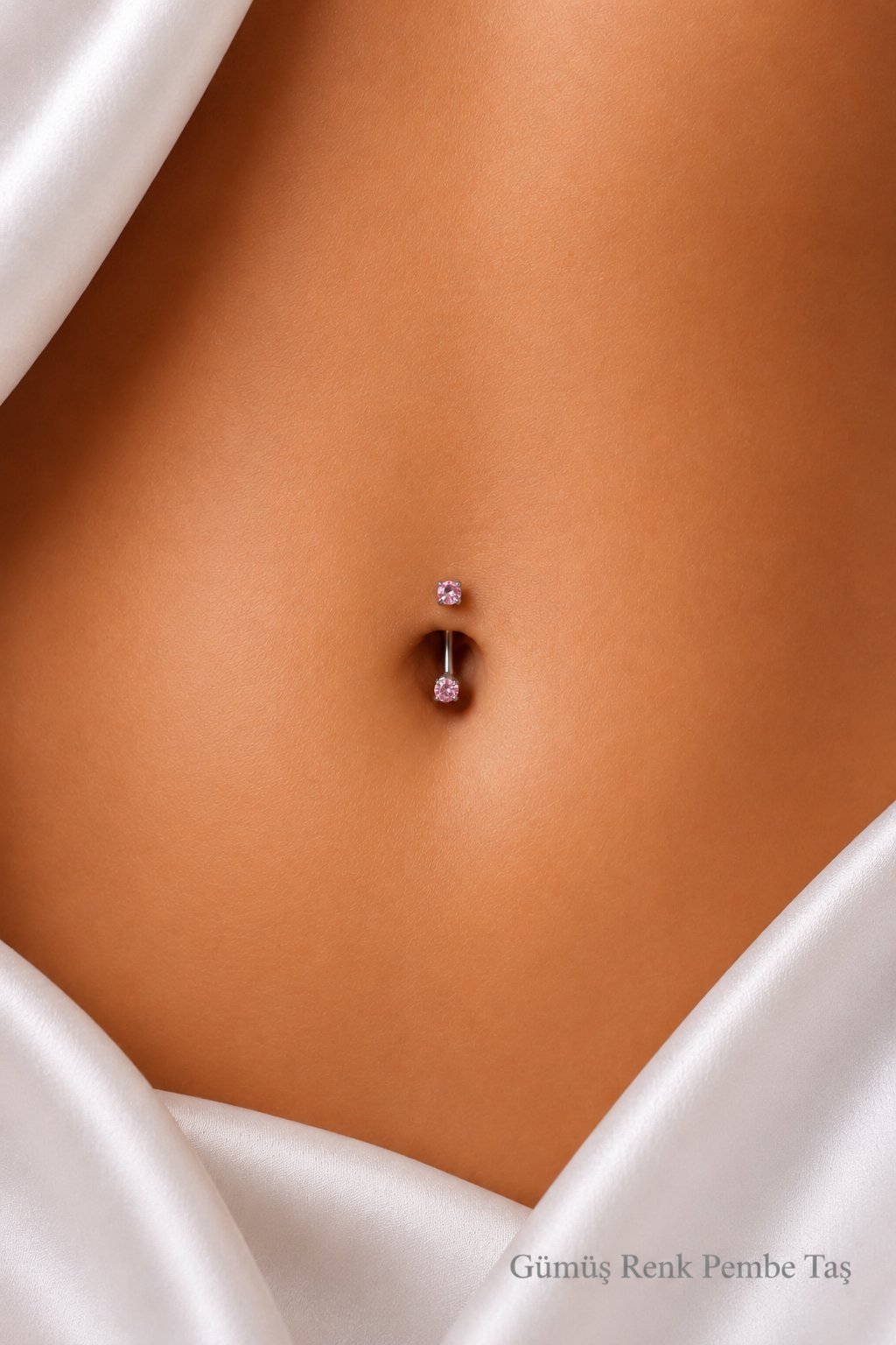 Minimal Çelik İki Ucu Pembe Taşlı Göbek Piercingi Gümüş Renkli