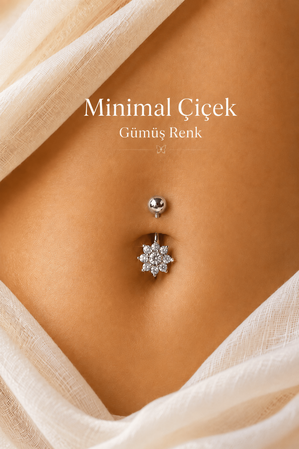 Minimal Çiçek Zirkon Taşlı Çelik Göbek Piercingi