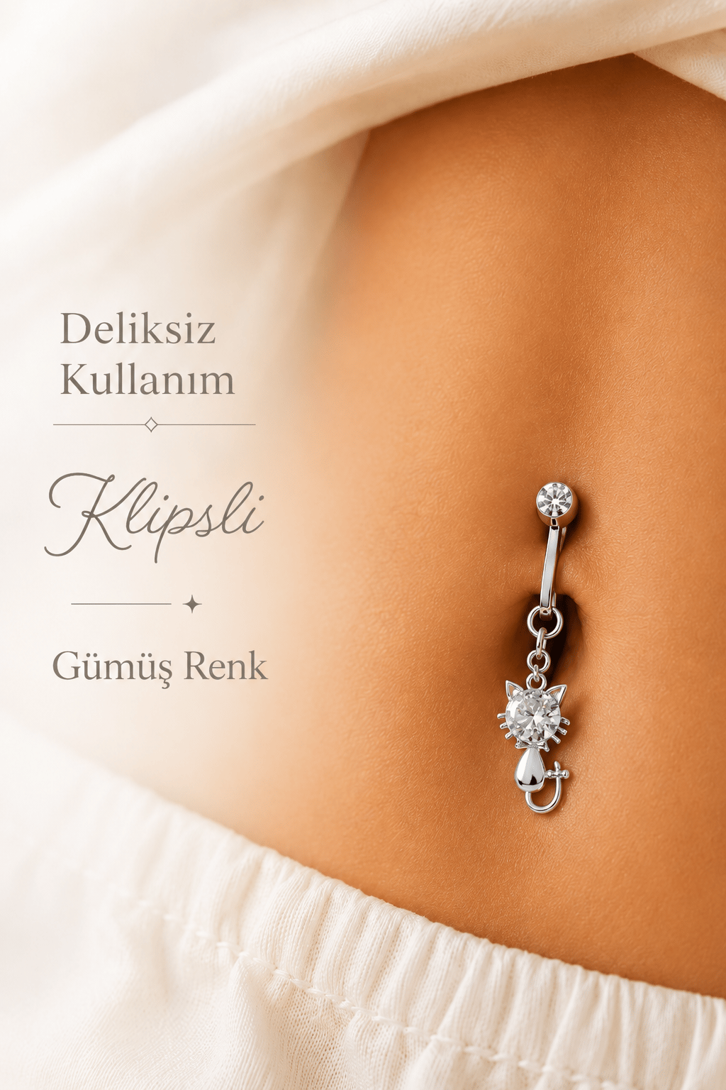 Mırmır Kedi Deliksiz Klipsli Göbek Piercingi Zirkon Taşlı Sallantılı